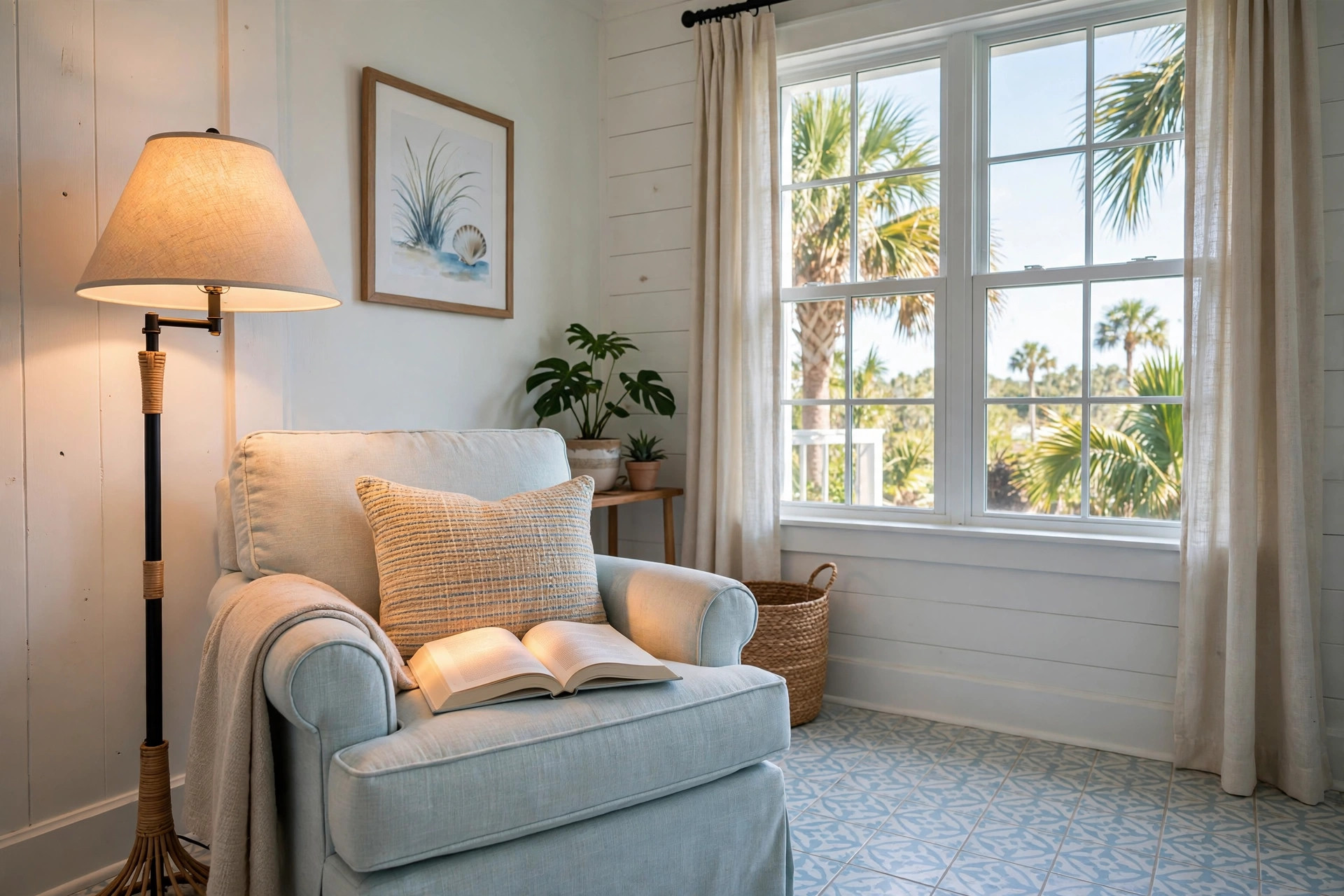 reading floor lamps florida homes usa: Reading floor lamp beside an armchair in a bright Florida living room