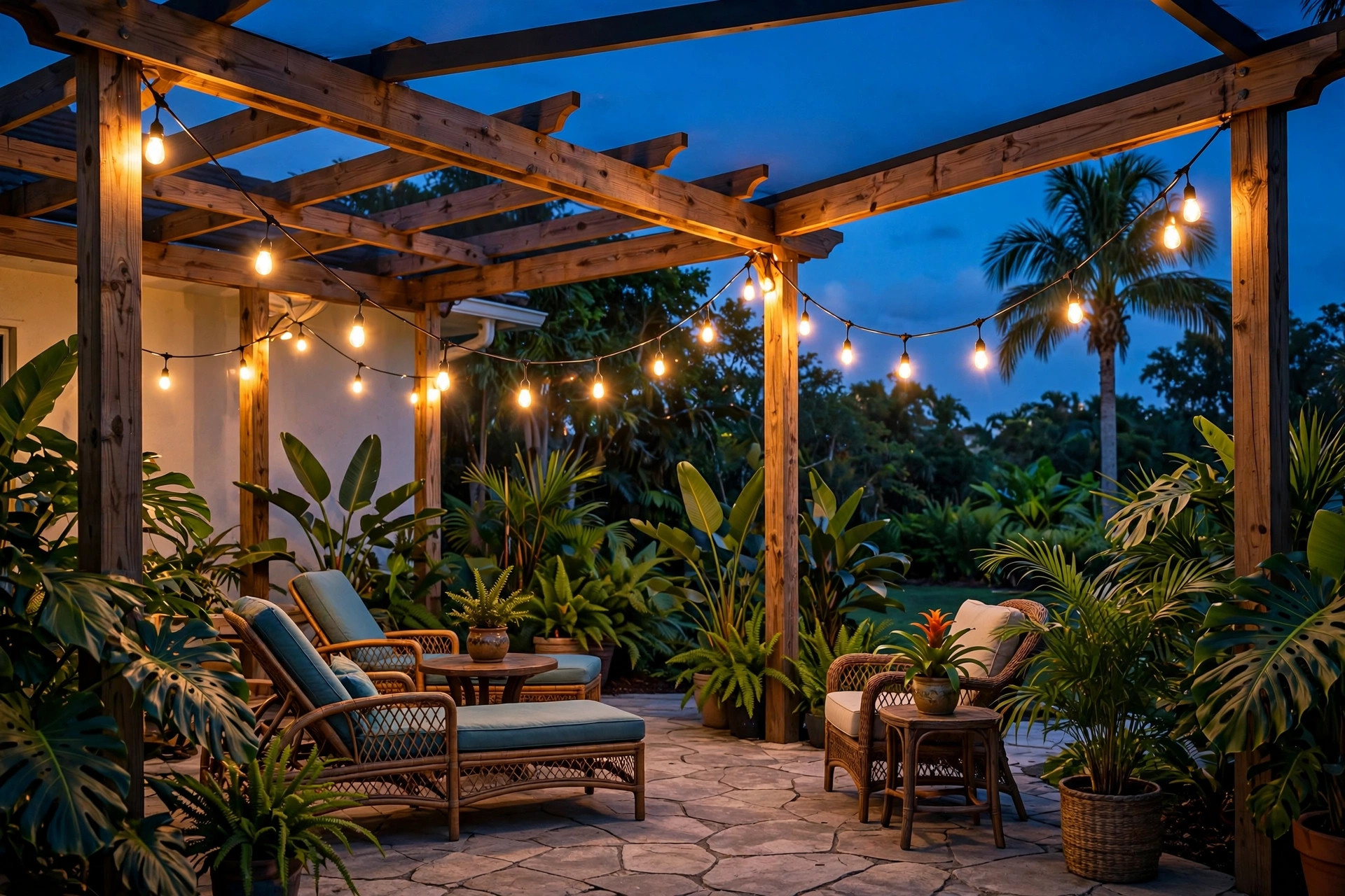 patio string lights florida homes usa: Patio string lights glowing over a Florida home lanai at dusk