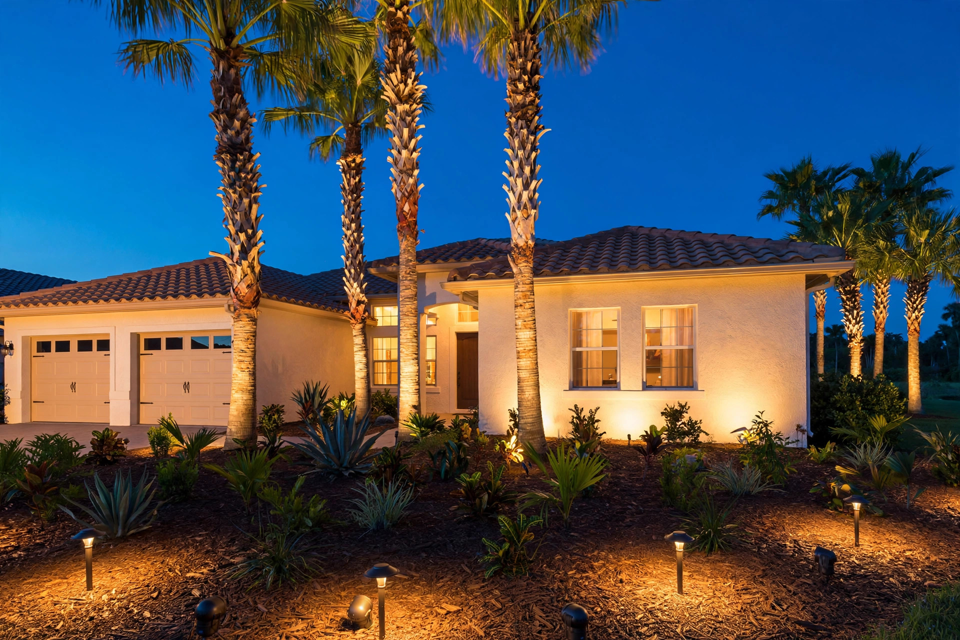 landscape spot lights florida homes usa: Landscape spot lights lighting palm trees at a Florida home at night