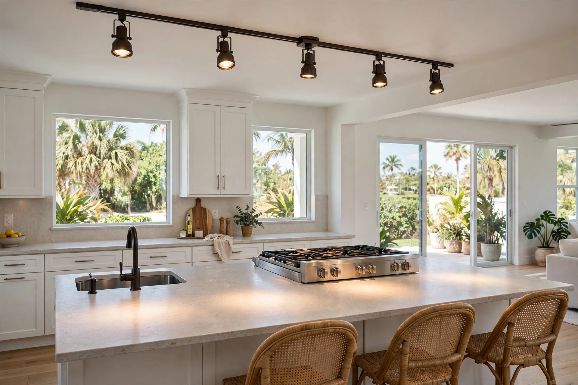 kitchen track lighting florida homes usa: Kitchen track lighting above an island in a Florida home