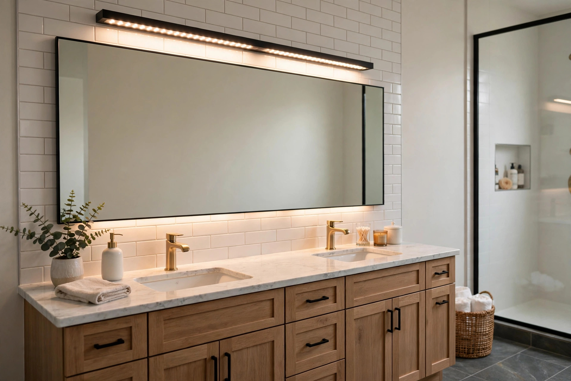 Vanity light bars florida homes usa: modern bathroom vanity with warm bright bar lighting