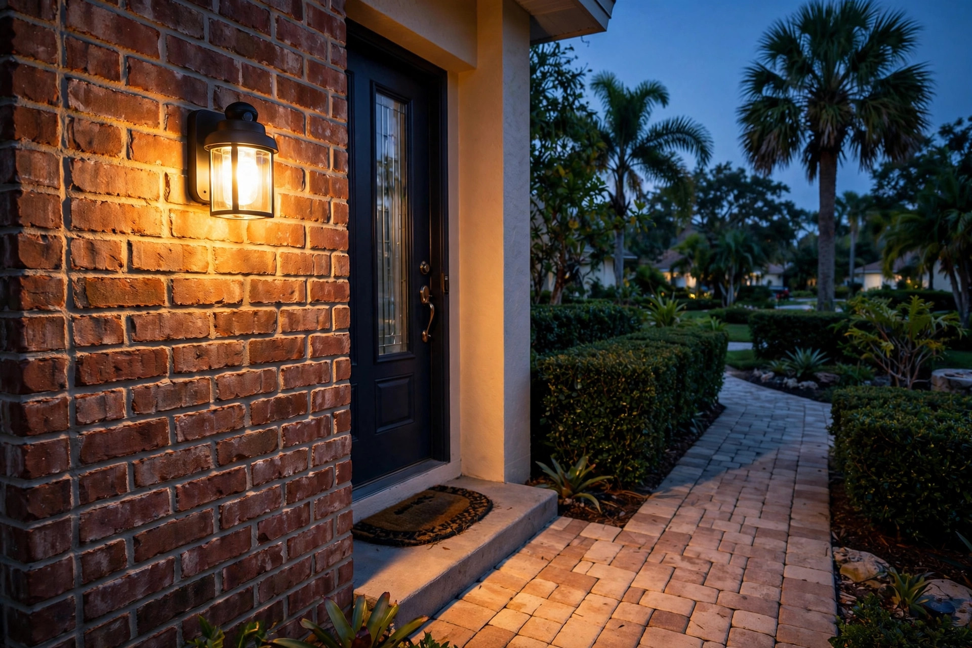 Sensor porch lights Florida homes USA mounted on a brick porch at dusk