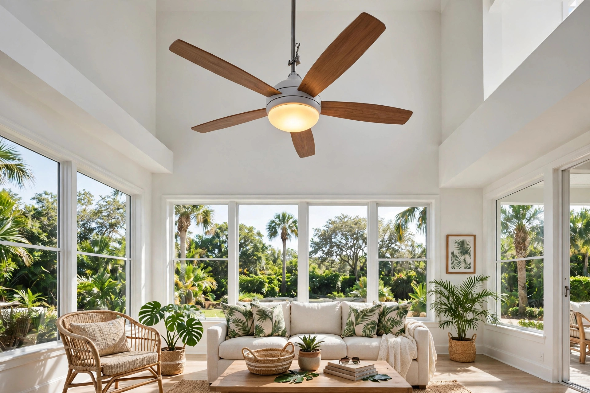 ceiling fans lights florida homes usa: Ceiling fan with built-in light fixture in a bright Florida home living room