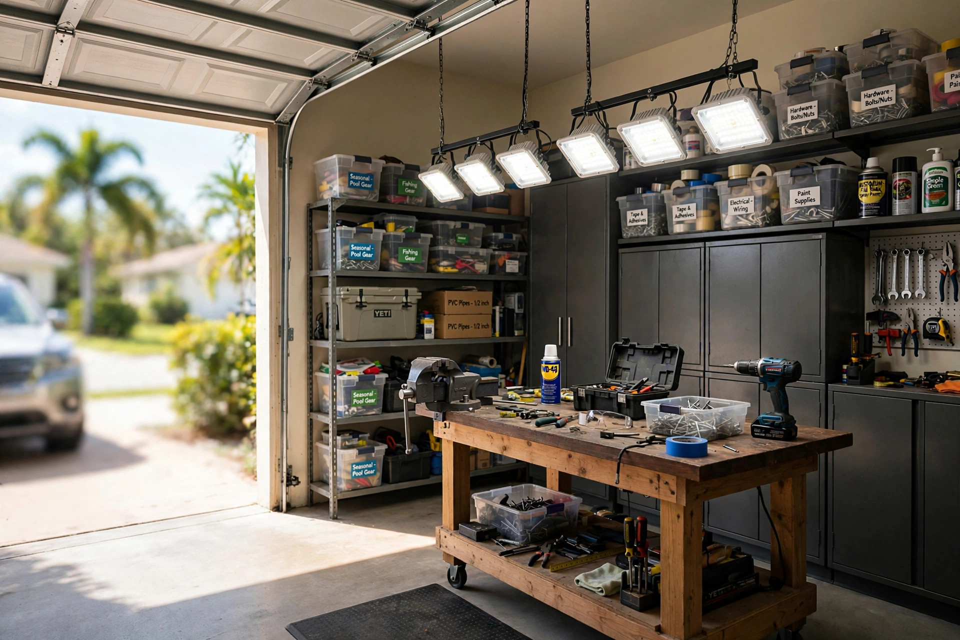 garage shop lights florida homes usa: Garage shop lights over a workbench in a Florida home