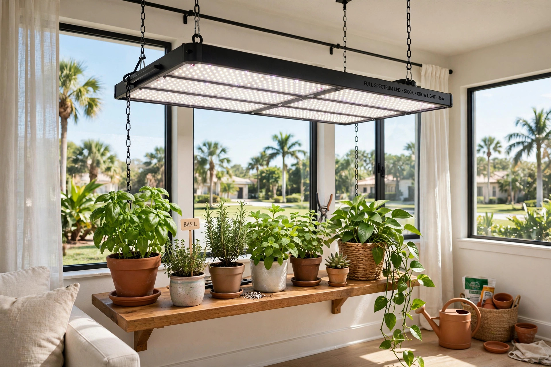 Indoor grow lights florida homes usa hanging over houseplants