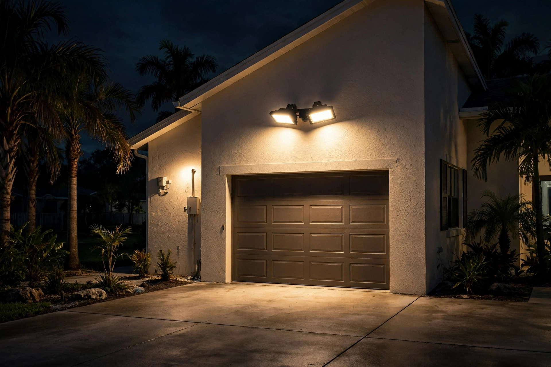 Motion flood lights florida homes usa glowing over a driveway at night