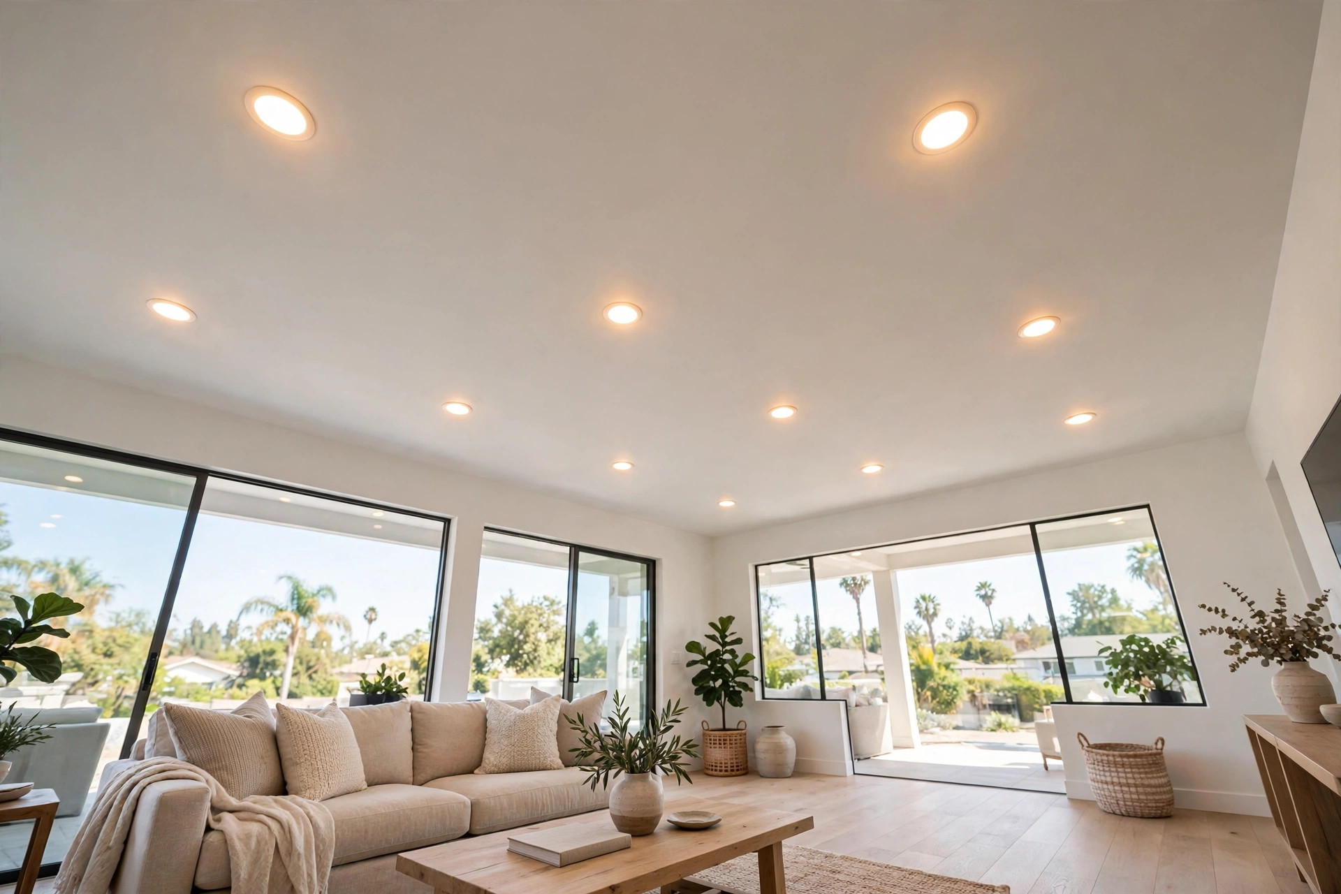 led recessed lights california homes usa: LED recessed lights glowing in a California home living room ceiling