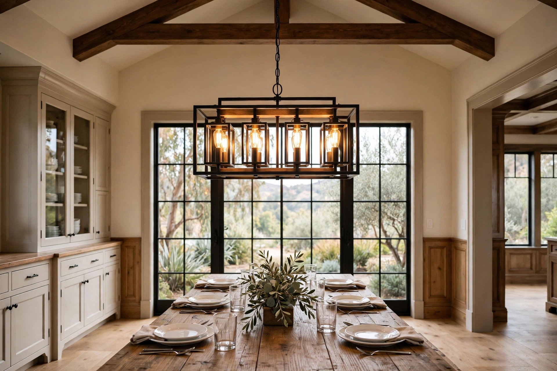 dining room chandeliers california homes usa: Dining room chandelier over a wooden table in a California home