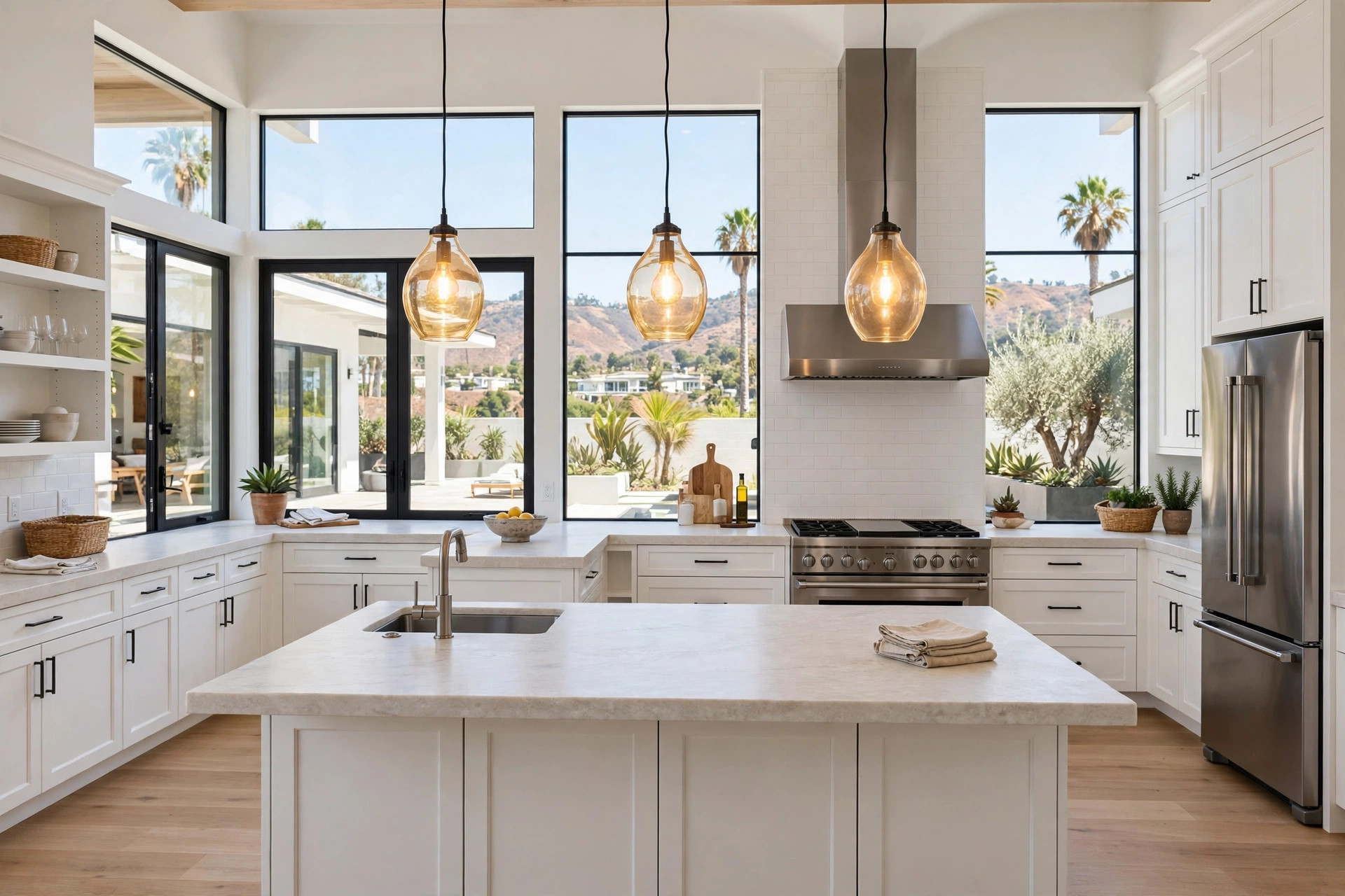 kitchen island pendants california homes usa: Kitchen island pendant lights glowing over a California home island