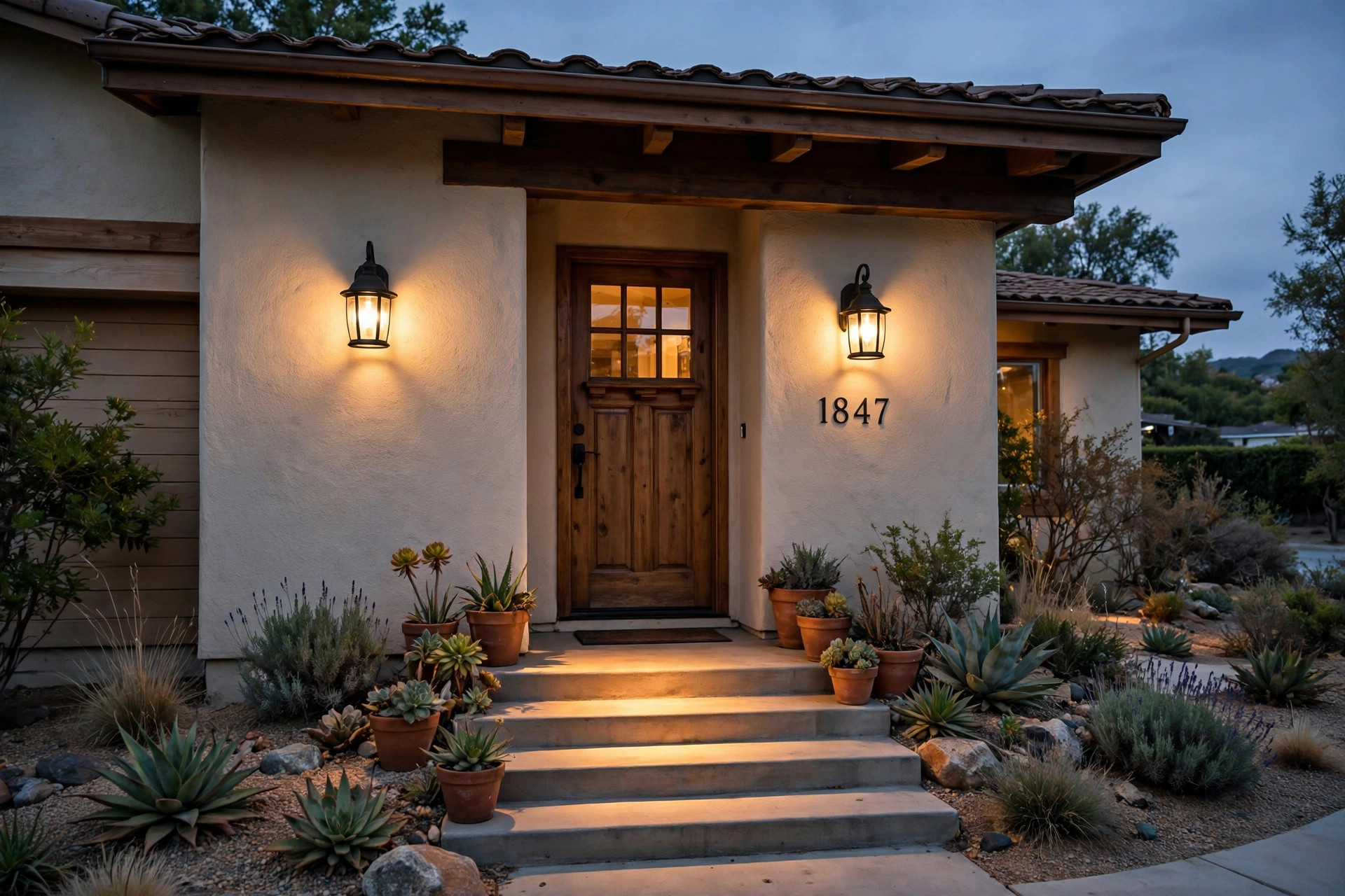 outdoor wall lanterns california homes usa: Outdoor wall lanterns lighting the front porch of a California home