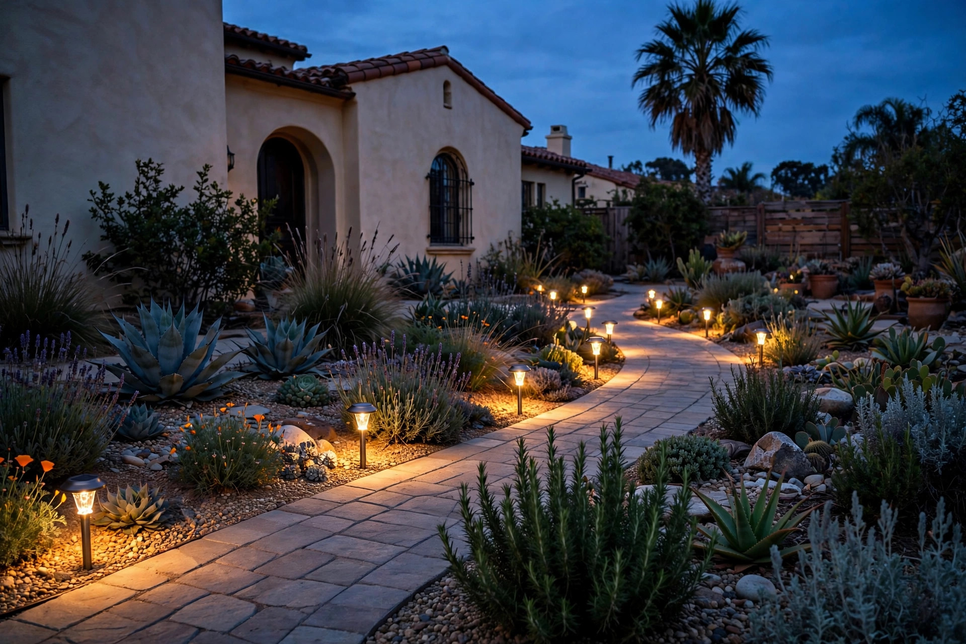 solar path lights california homes usa: Solar path lights glowing along a garden walkway at dusk in California