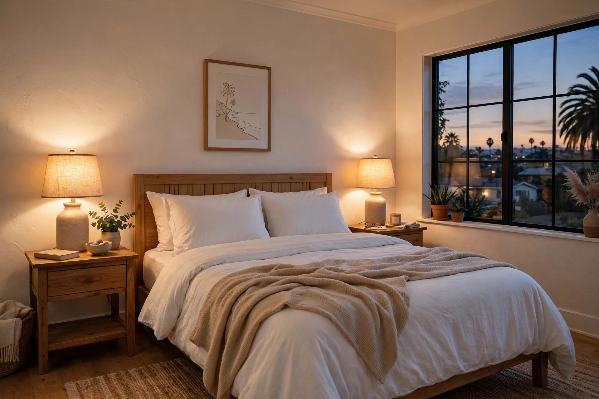 bedroom table lamps california homes usa: Bedroom table lamps on nightstands in a California home