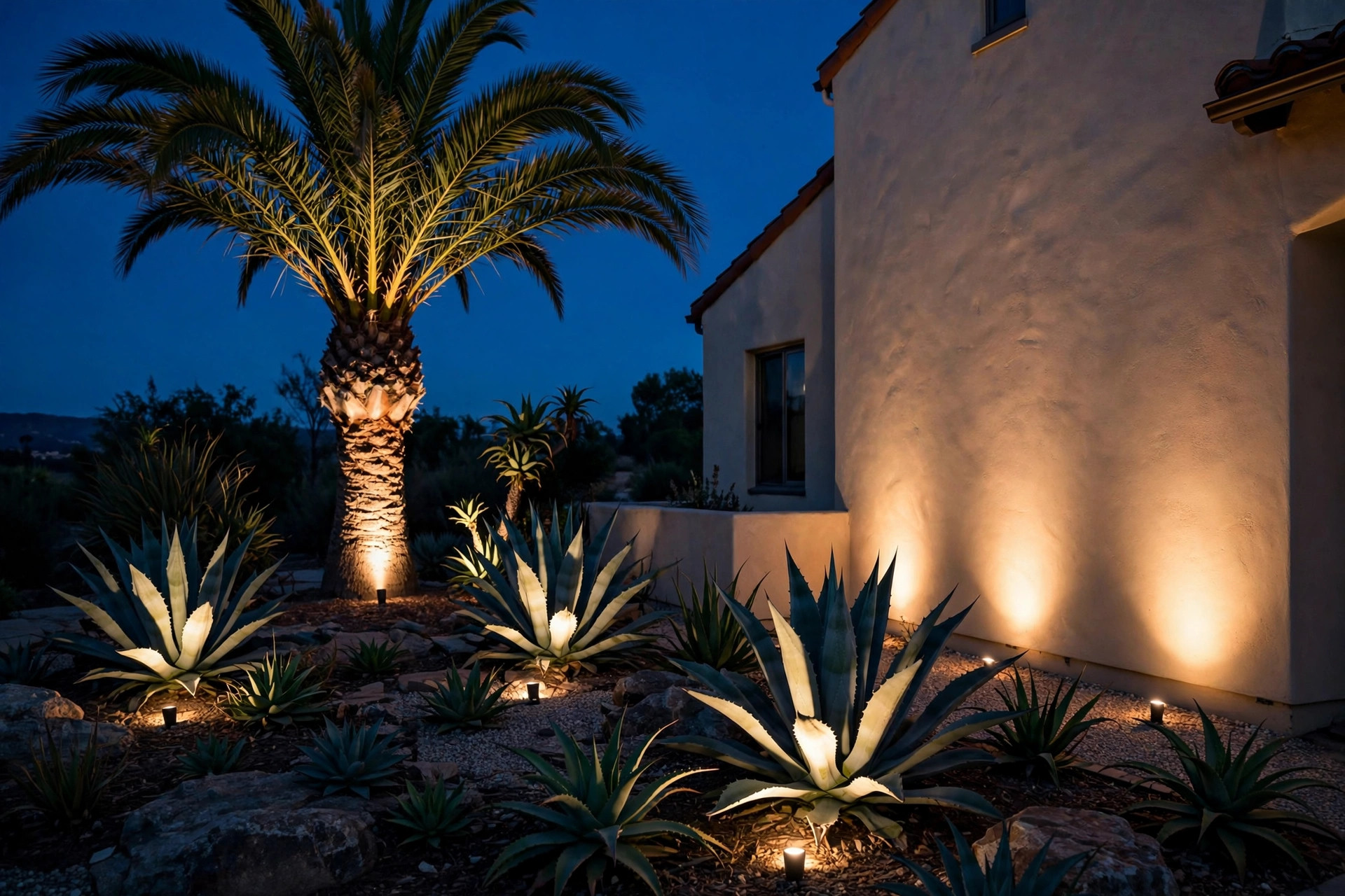 landscape spot lights california homes usa: Spot lights aimed at a California home garden at dusk