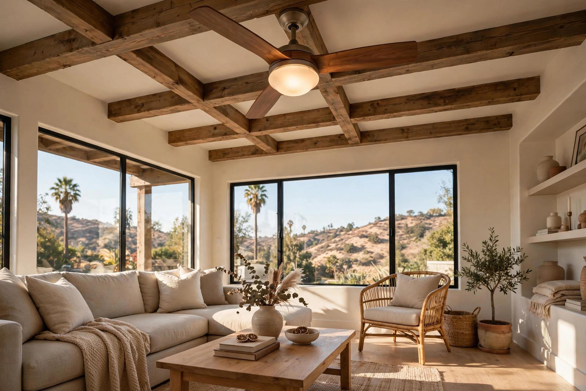 ceiling fans lights california homes usa: Ceiling fan with light in a California living room