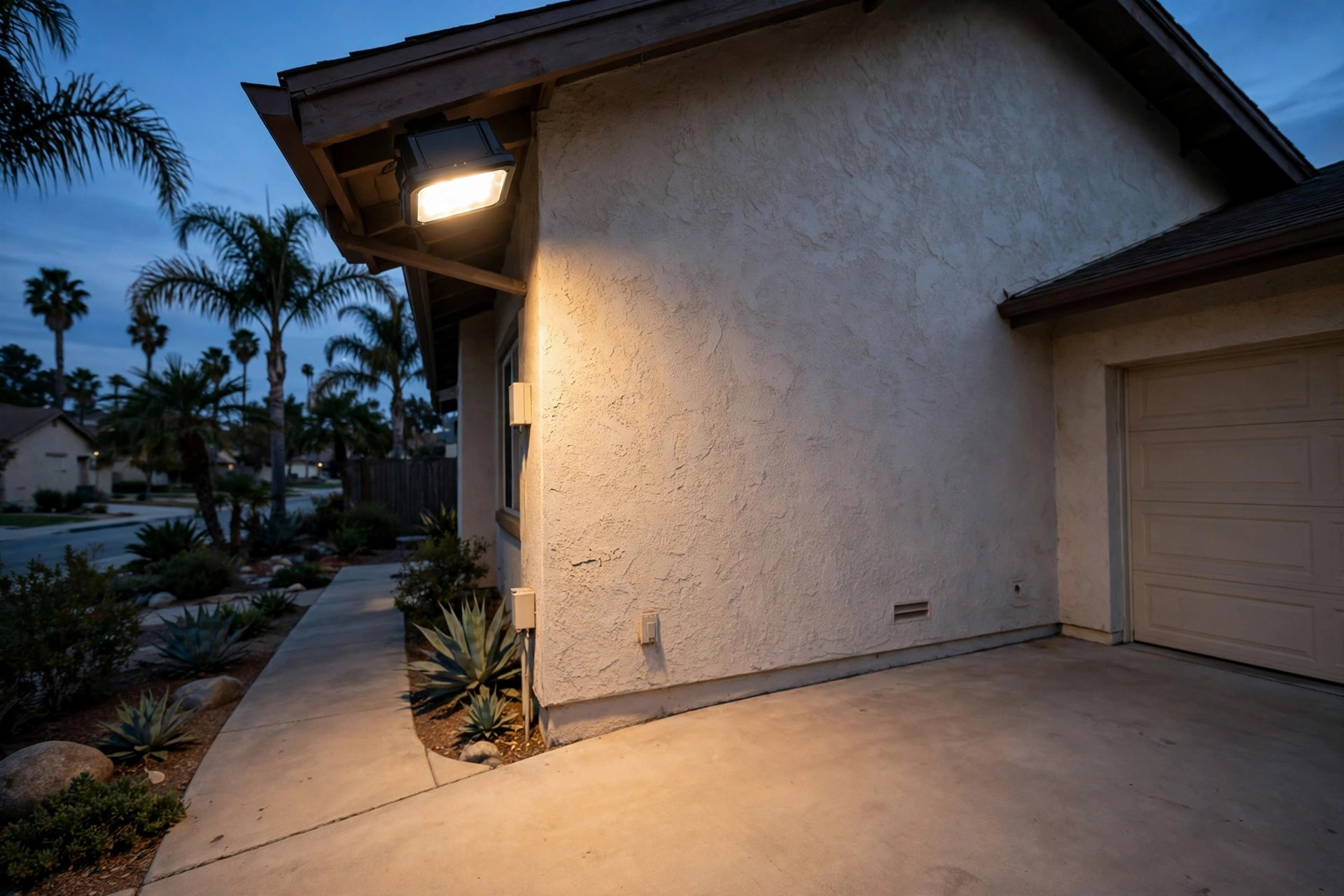 motion flood lights california homes usa: Motion flood lights for California homes shining over a driveway at dusk