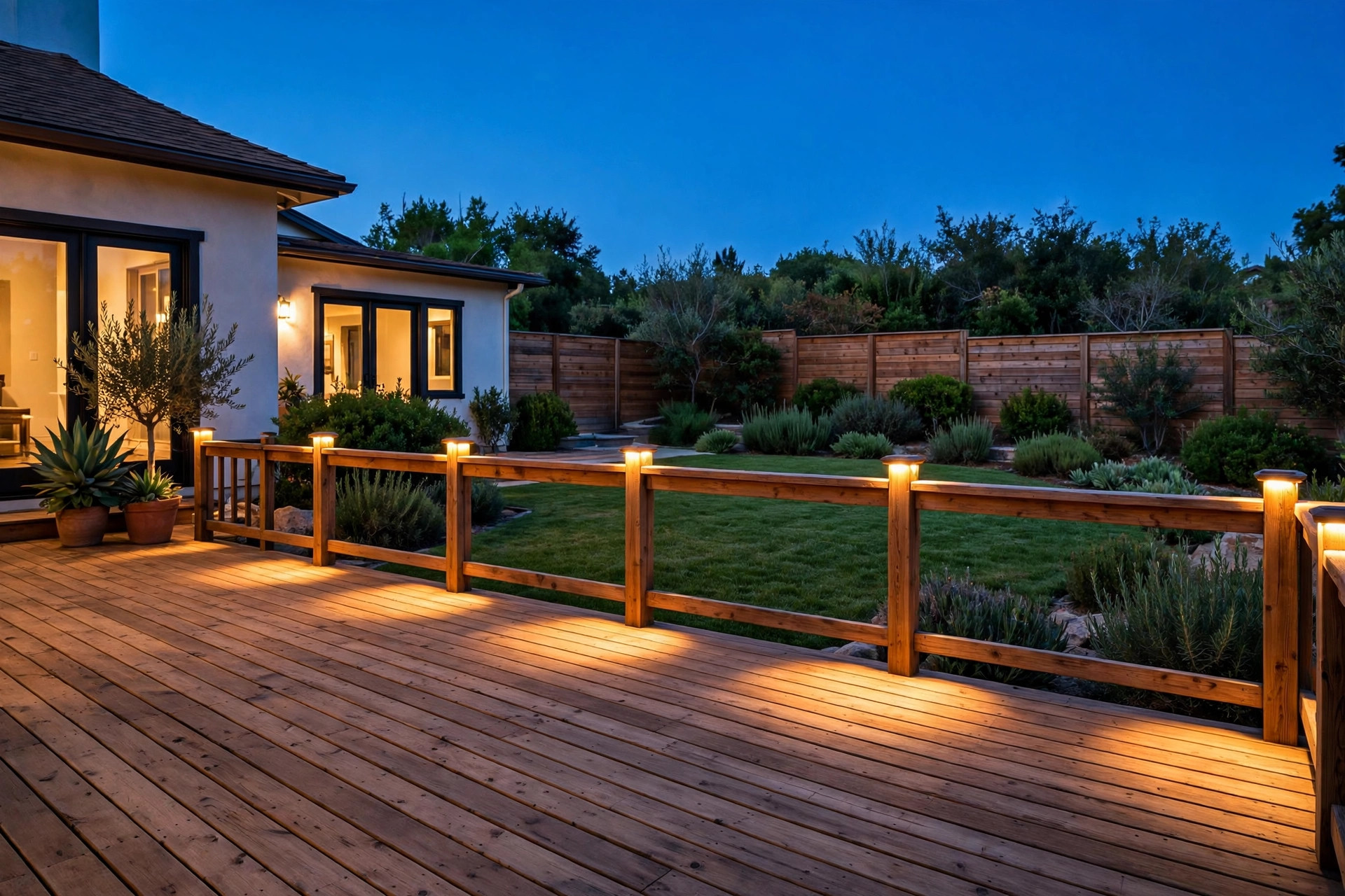 deck cap lights california homes usa: Deck cap lights glowing on wooden deck railing posts at a California home