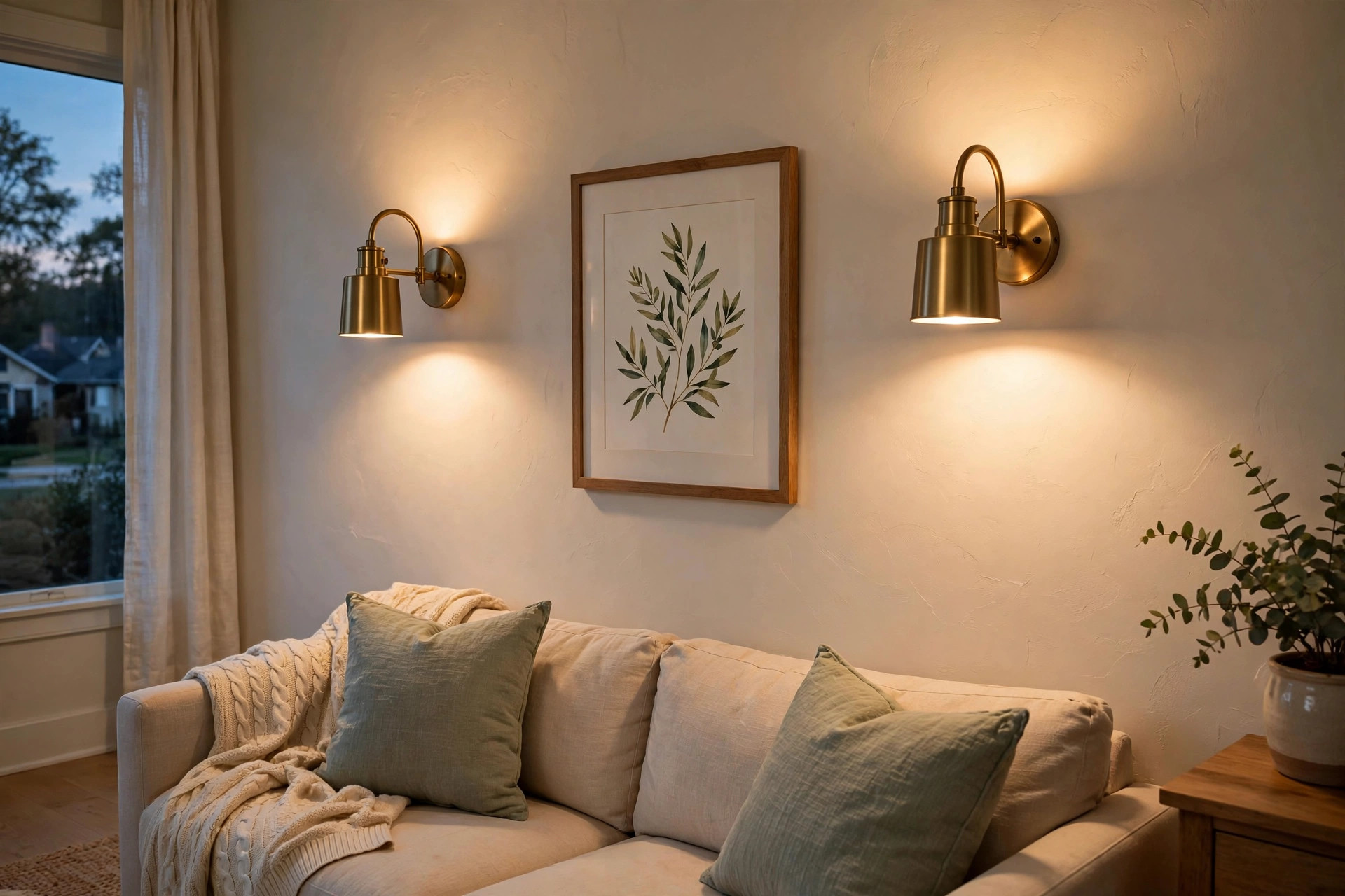 Wall sconces with soft warm light mounted on a living room wall, indoor wall sconces california homes usa