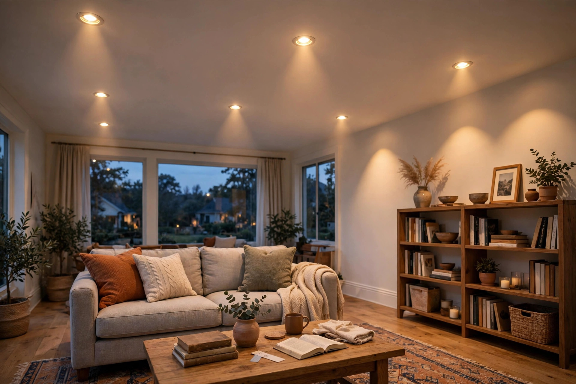 led recessed lights american homes guide: LED recessed lights glowing in an American living room ceiling
