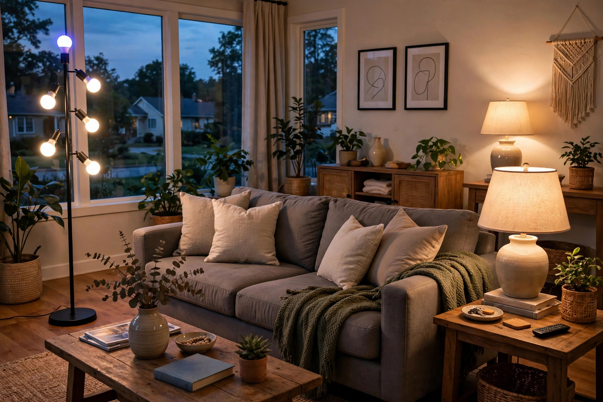 wifi smart bulbs american homes guide: Smart LED WiFi bulbs glowing in American living room lamps