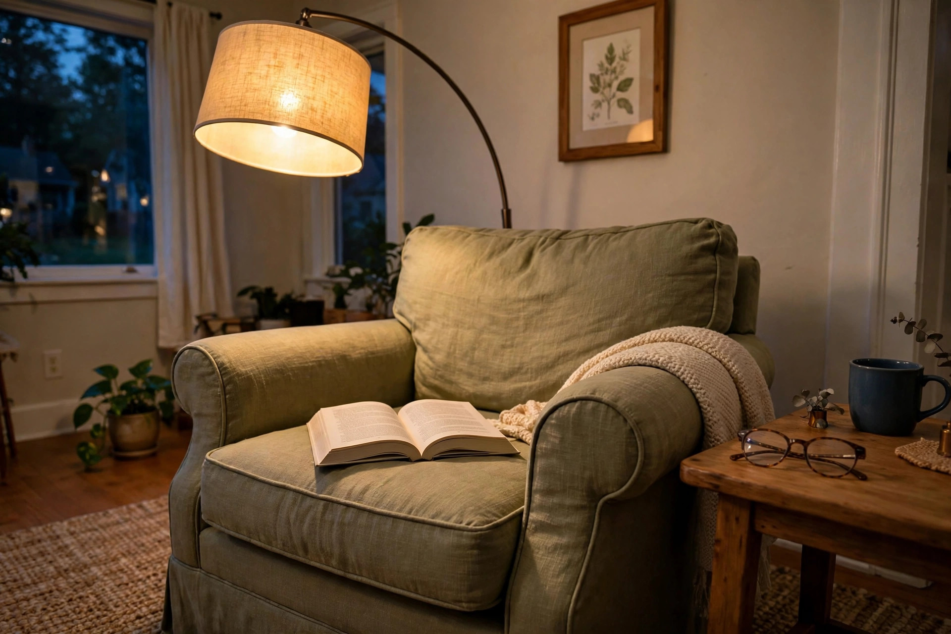 reading floor lamps american homes guide: A tall reading floor lamp glowing warm over a reading chair in an American living room
