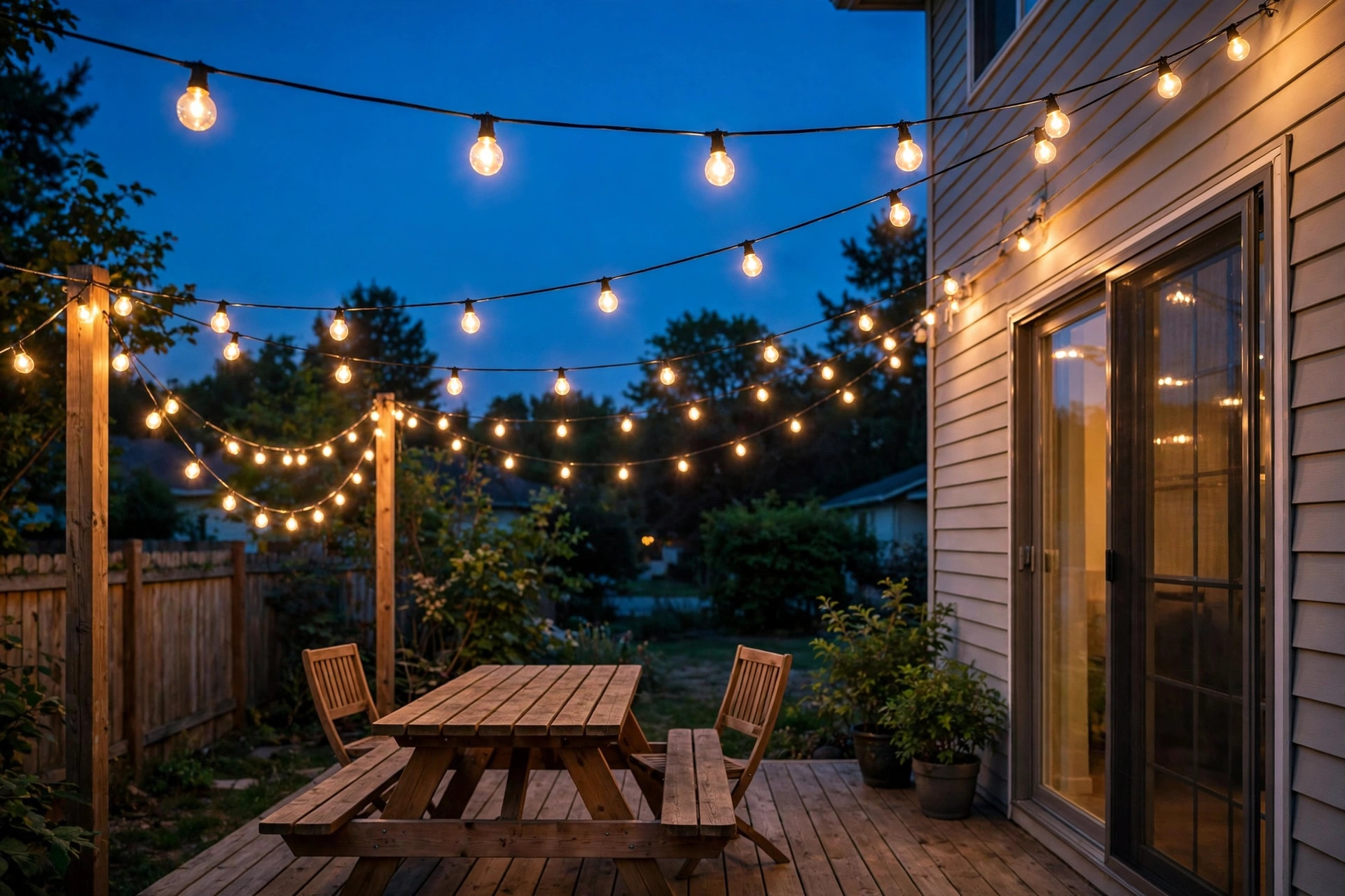 patio string lights american homes guide: Patio string lights glowing over an American backyard patio at dusk