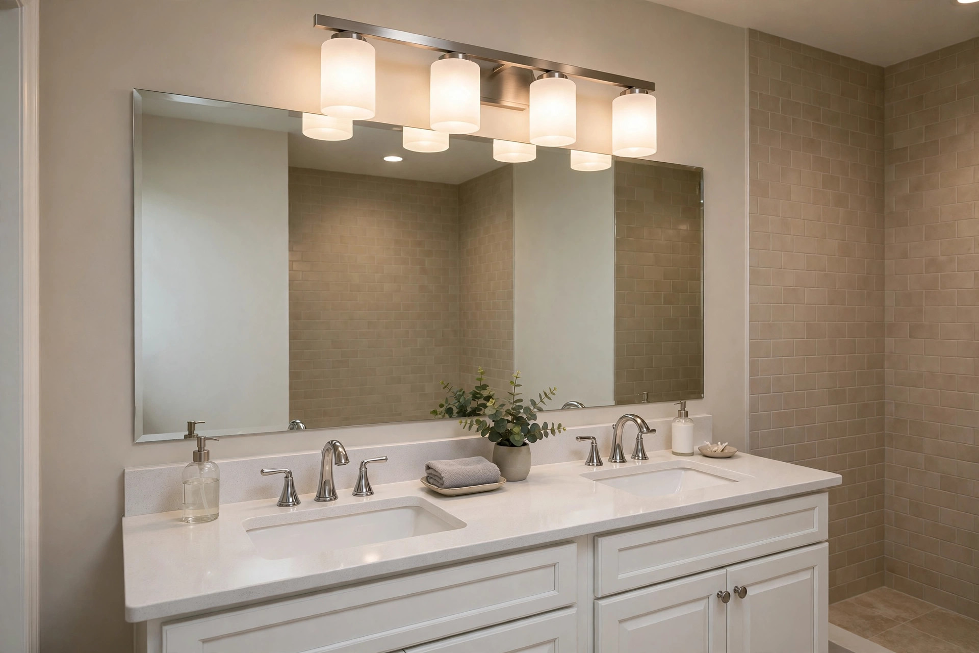vanity light bars american homes guide: Vanity light bar glowing above a bathroom mirror in an American home