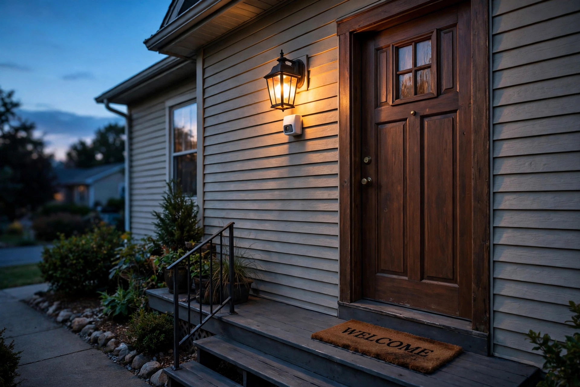sensor porch lights american homes guide: Sensor porch light glowing beside a front door at dusk