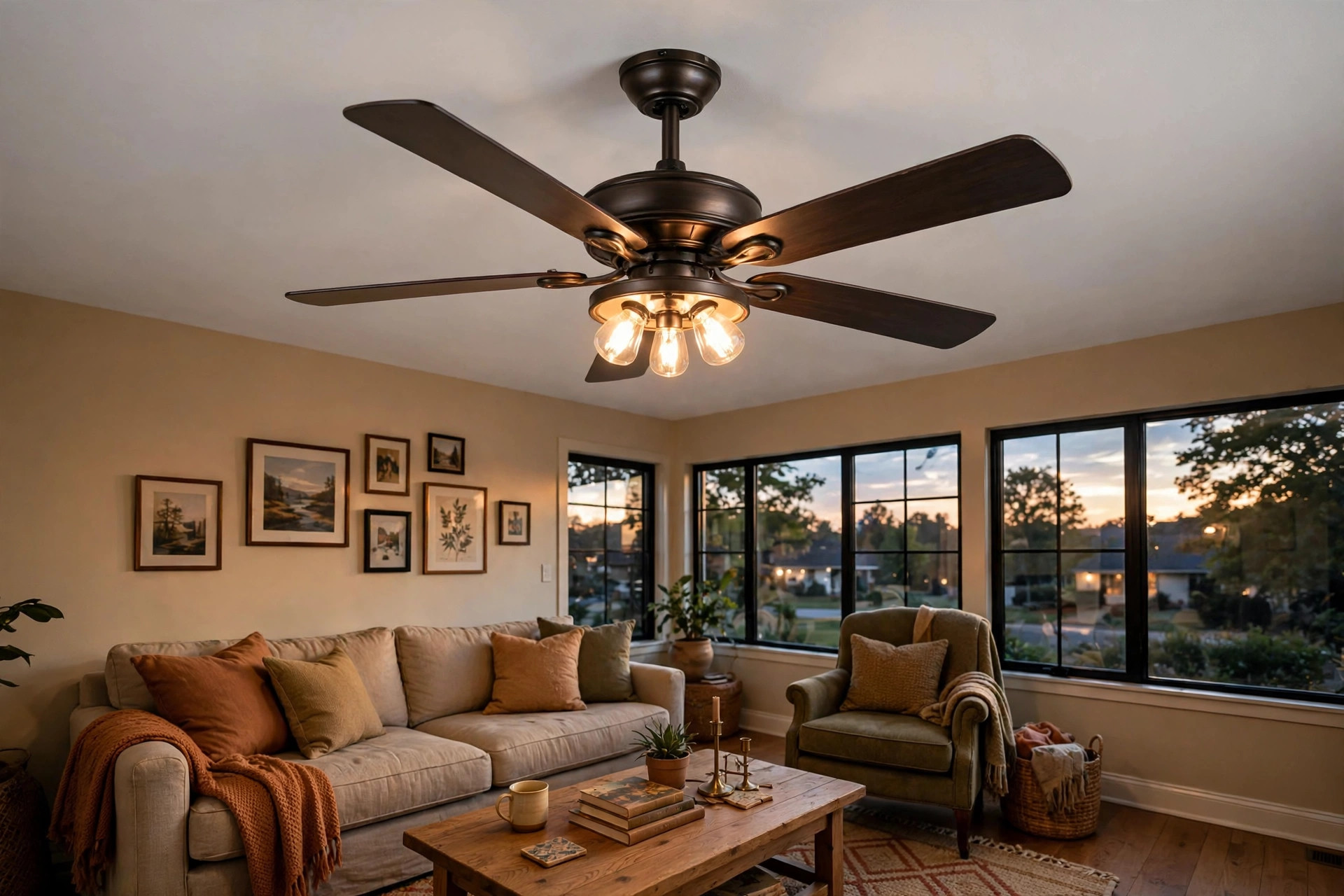 ceiling fans lights american homes guide: Ceiling fan with lights glowing in an American living room