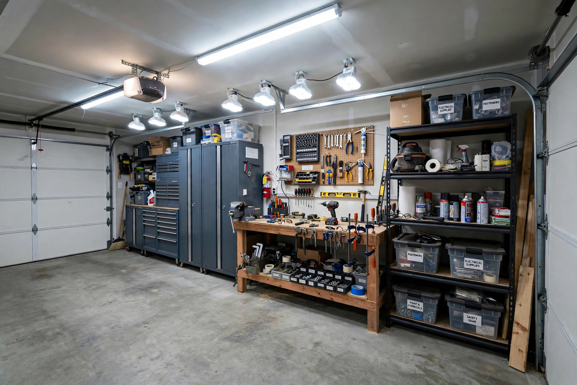 garage shop lights american homes guide: Garage shop lights installed in an American home garage workshop