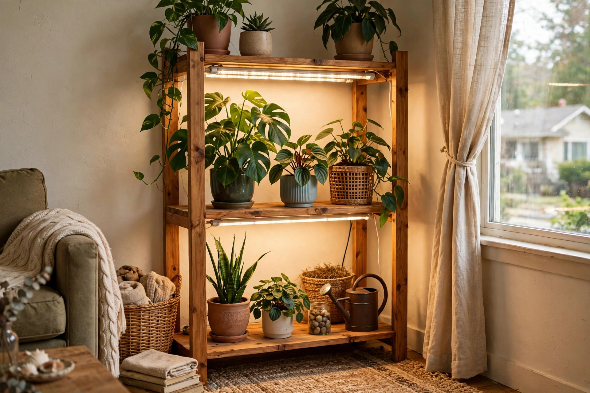 indoor grow lights american homes guide: Indoor grow lights shining over houseplants in an American home