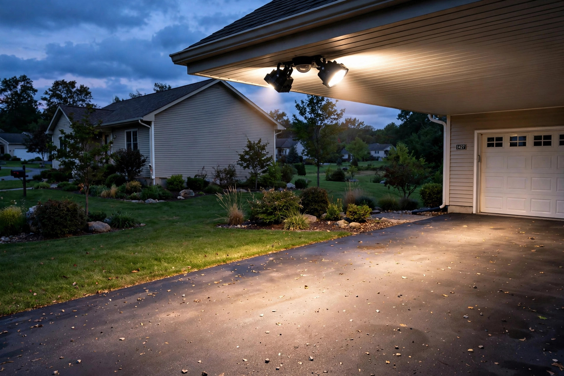 Motion flood lights american homes guide: mounted outdoor flood light at dusk