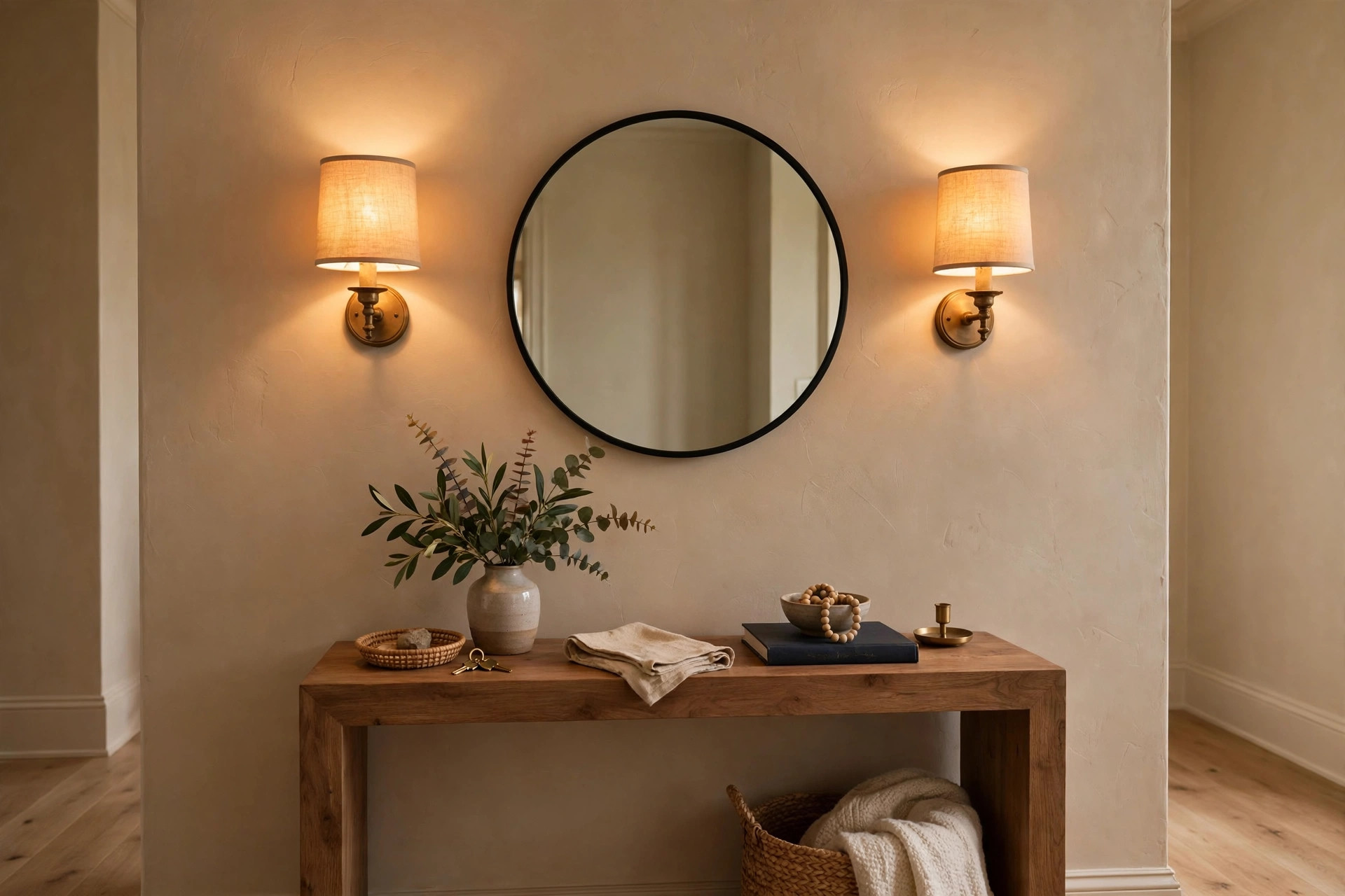 indoor wall sconces american homes guide: Warm indoor wall sconces flanking a mirror in a cozy American home hallway