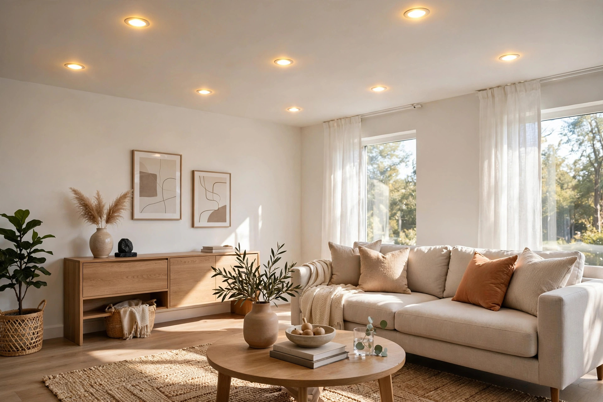 led recessed lights usa online deals: LED recessed lights glowing in a modern American living room ceiling