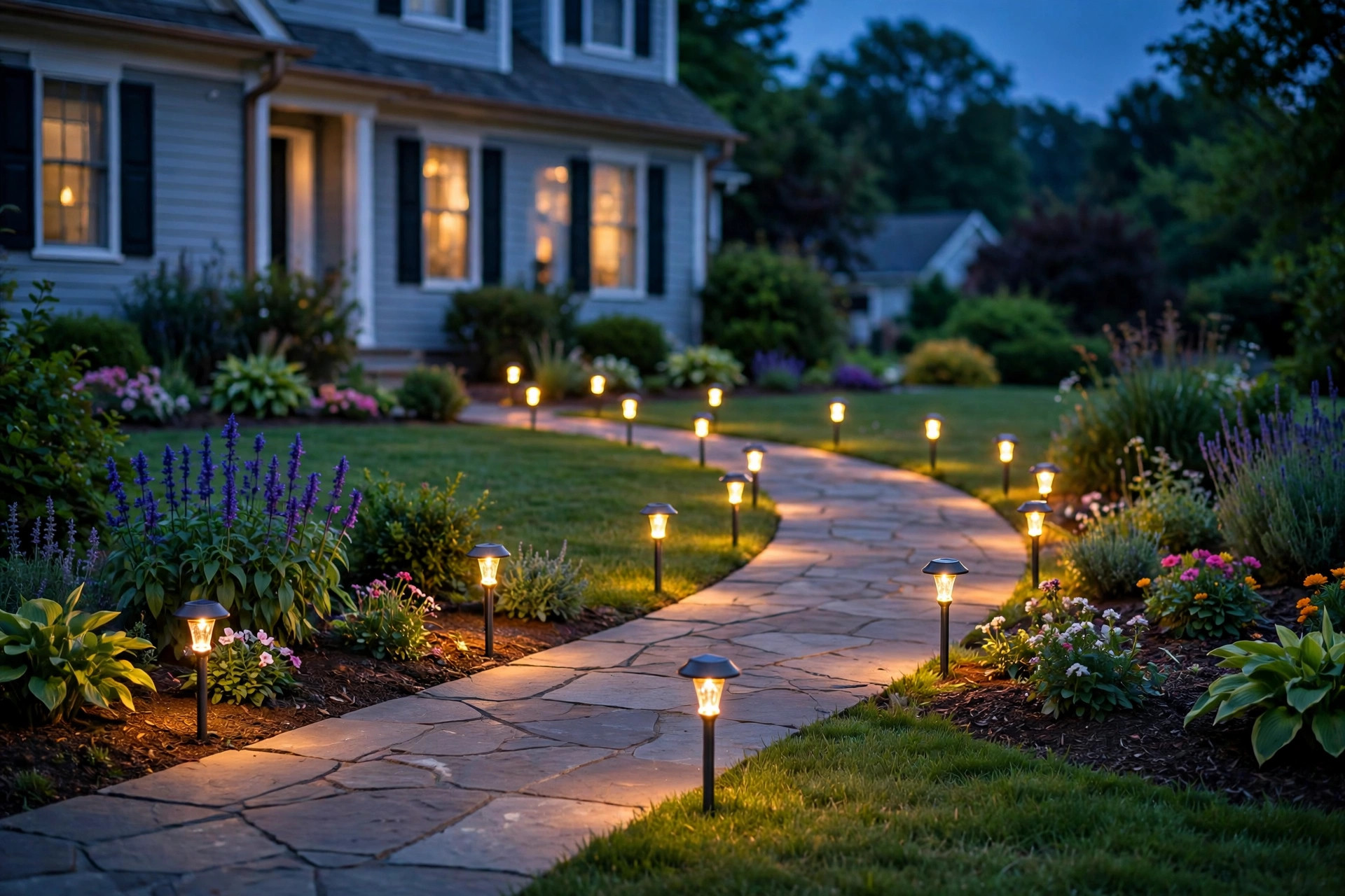 solar path lights usa online deals: Solar path lights glowing along a garden walkway at dusk