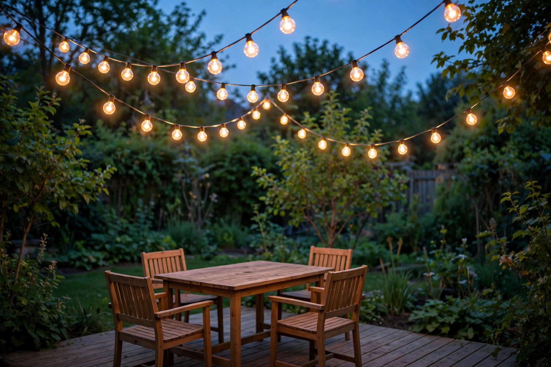patio string lights usa online deals: Patio string lights glowing over a backyard patio at dusk with warm amber bulbs