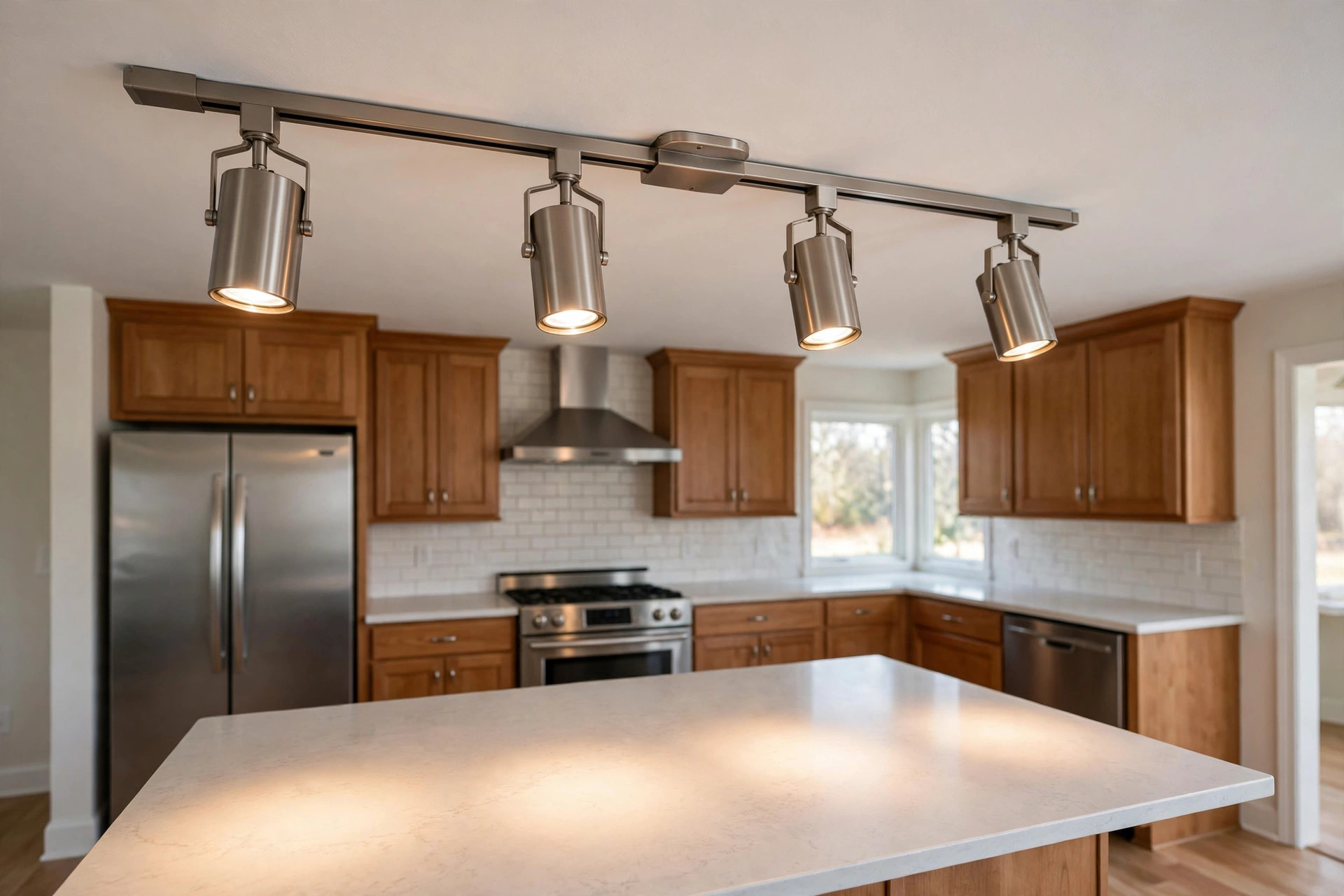 kitchen track lighting usa online deals: Kitchen track lighting fixtures above a counter in an American kitchen