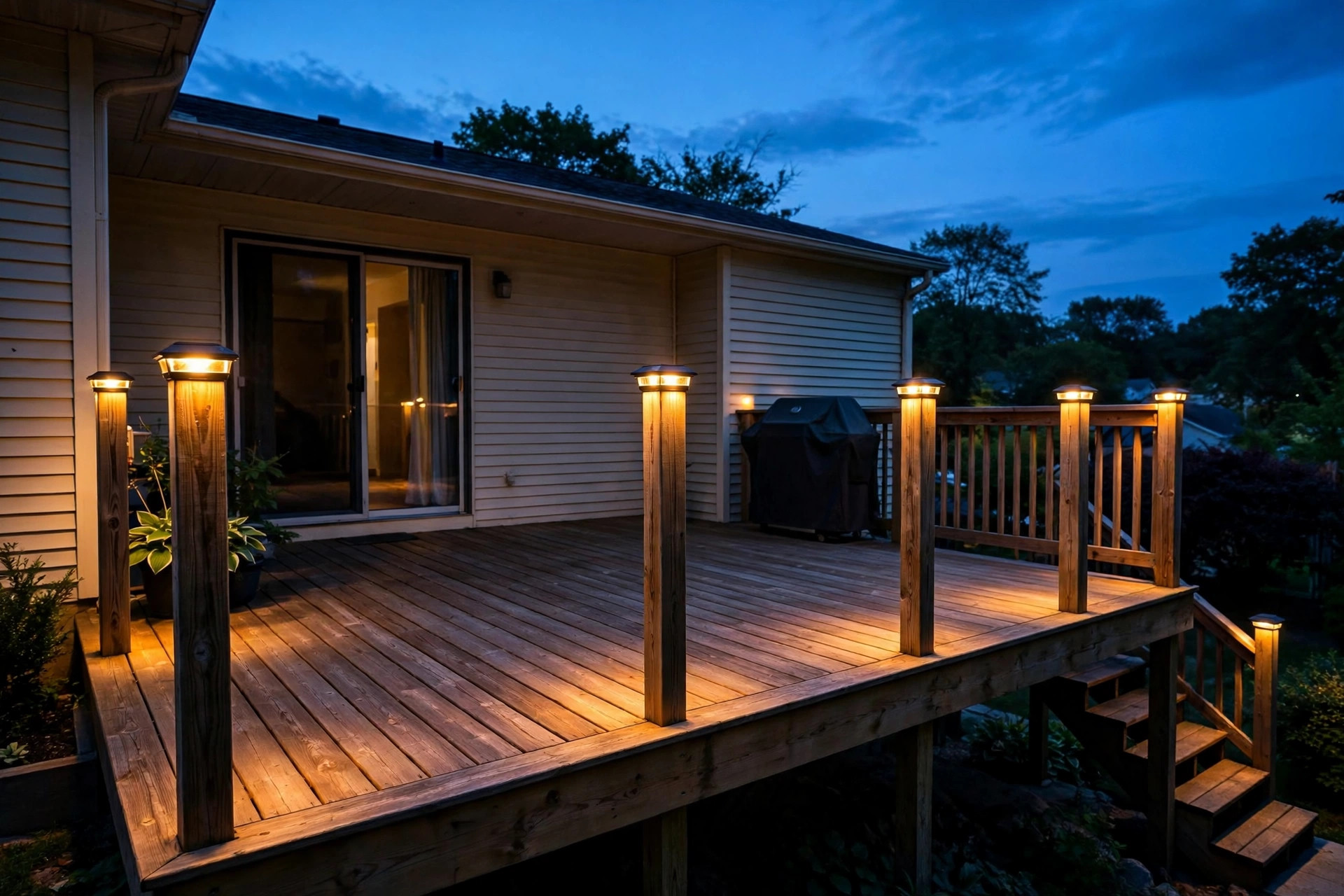 deck cap lights usa online deals: Deck cap lights glowing on wooden deck posts at dusk