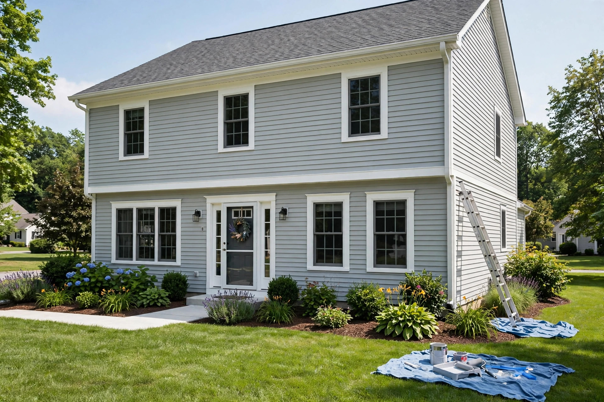 best exterior house painting cost estimator usa: Freshly painted two-story house exterior showing new siding paint color