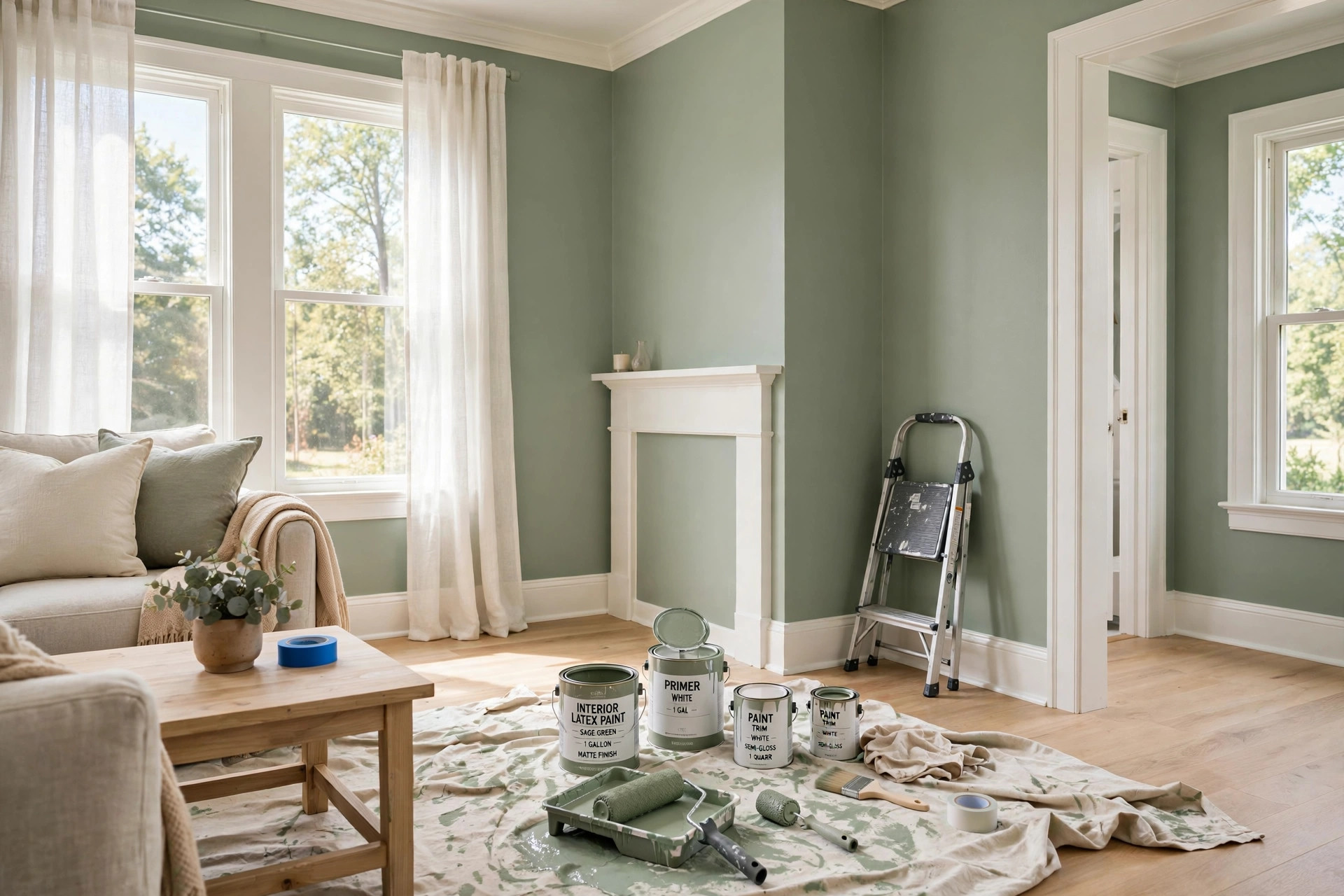interior house painters near me reviews: Freshly painted living room interior with painter's supplies