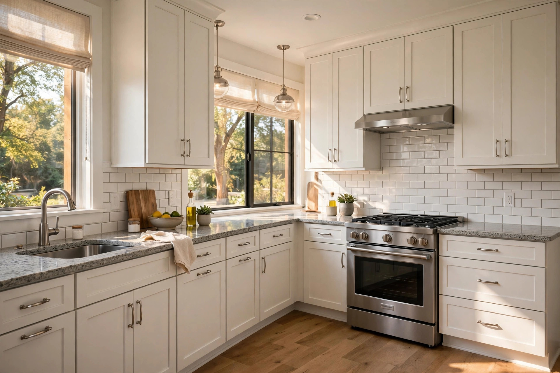 Refinished kitchen cabinets in an American home showing the focus keyword kitchen cabinet refinishing service cost usa