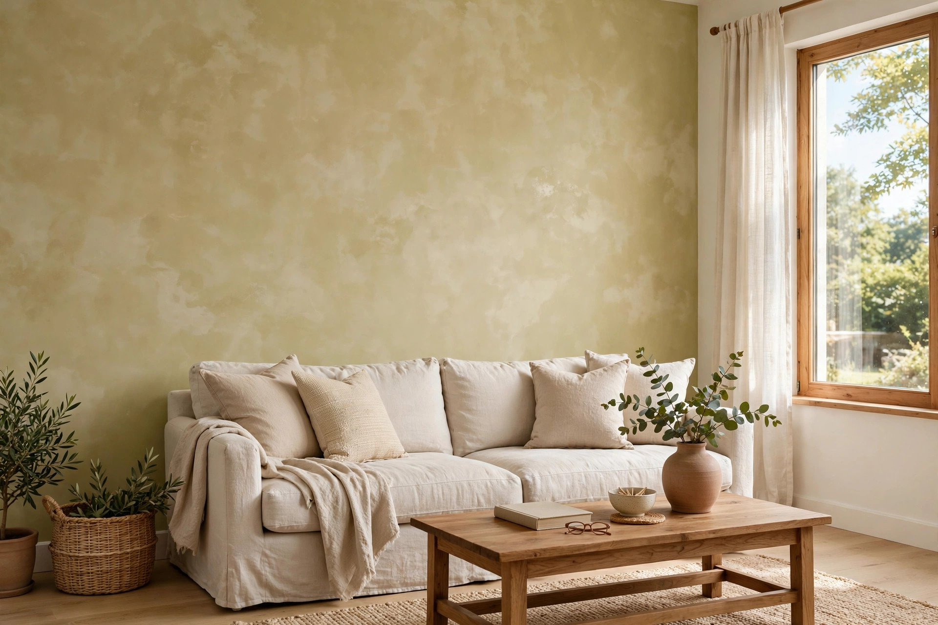where to buy limewash paint in the usa: Limewash paint wall in a bright American living room