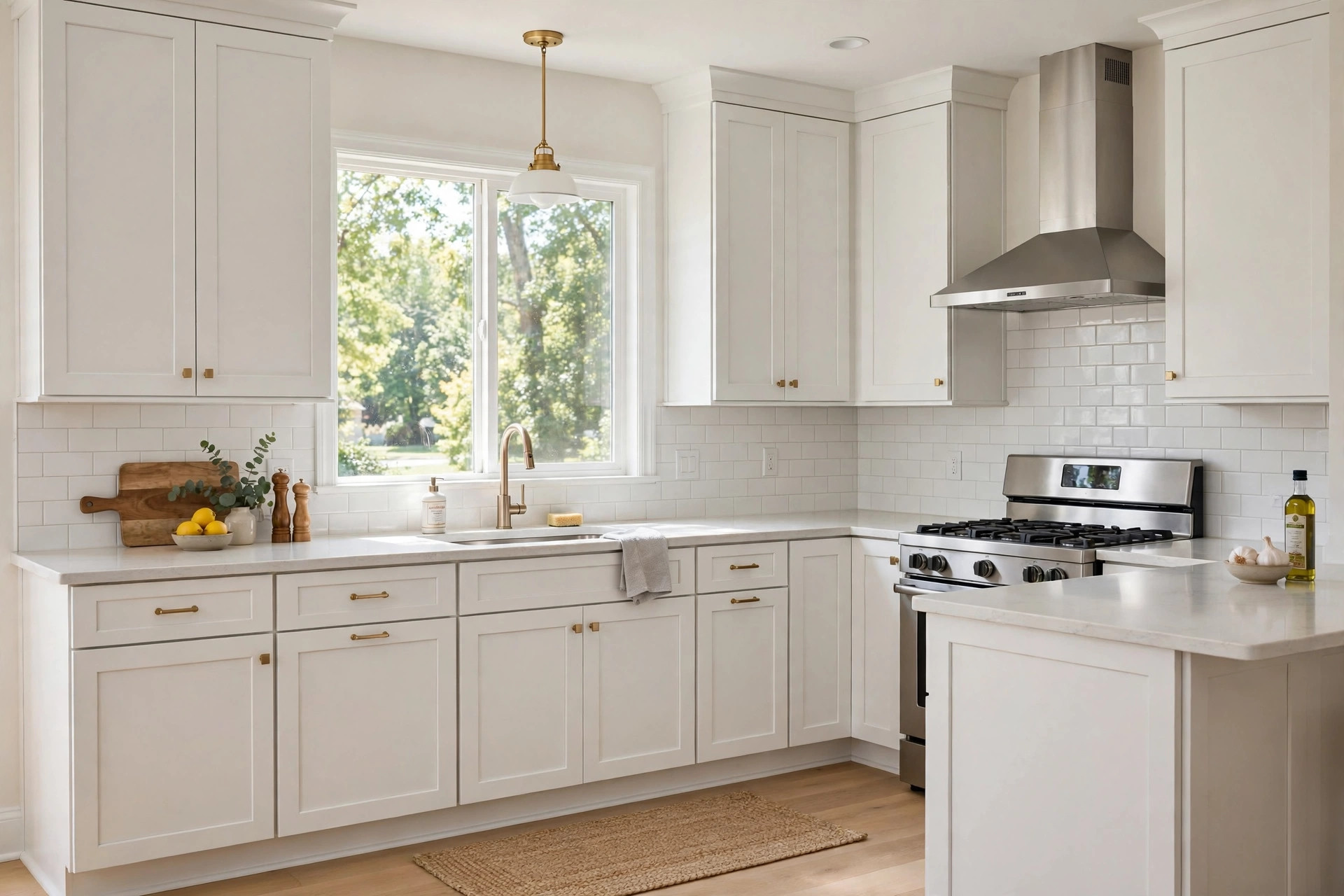 best paint for kitchen cabinets usa reviews: Freshly painted white kitchen cabinets in a bright American kitchen