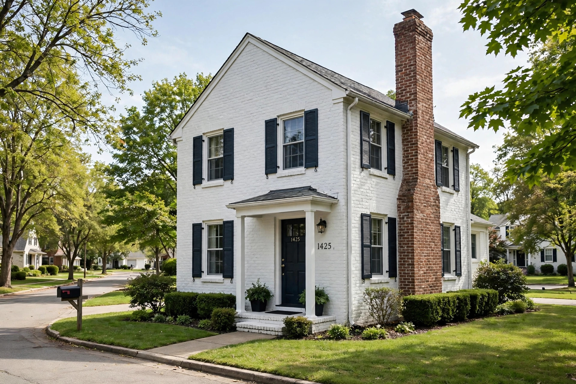 exterior brick painting service near me cost: Freshly painted white brick house exterior