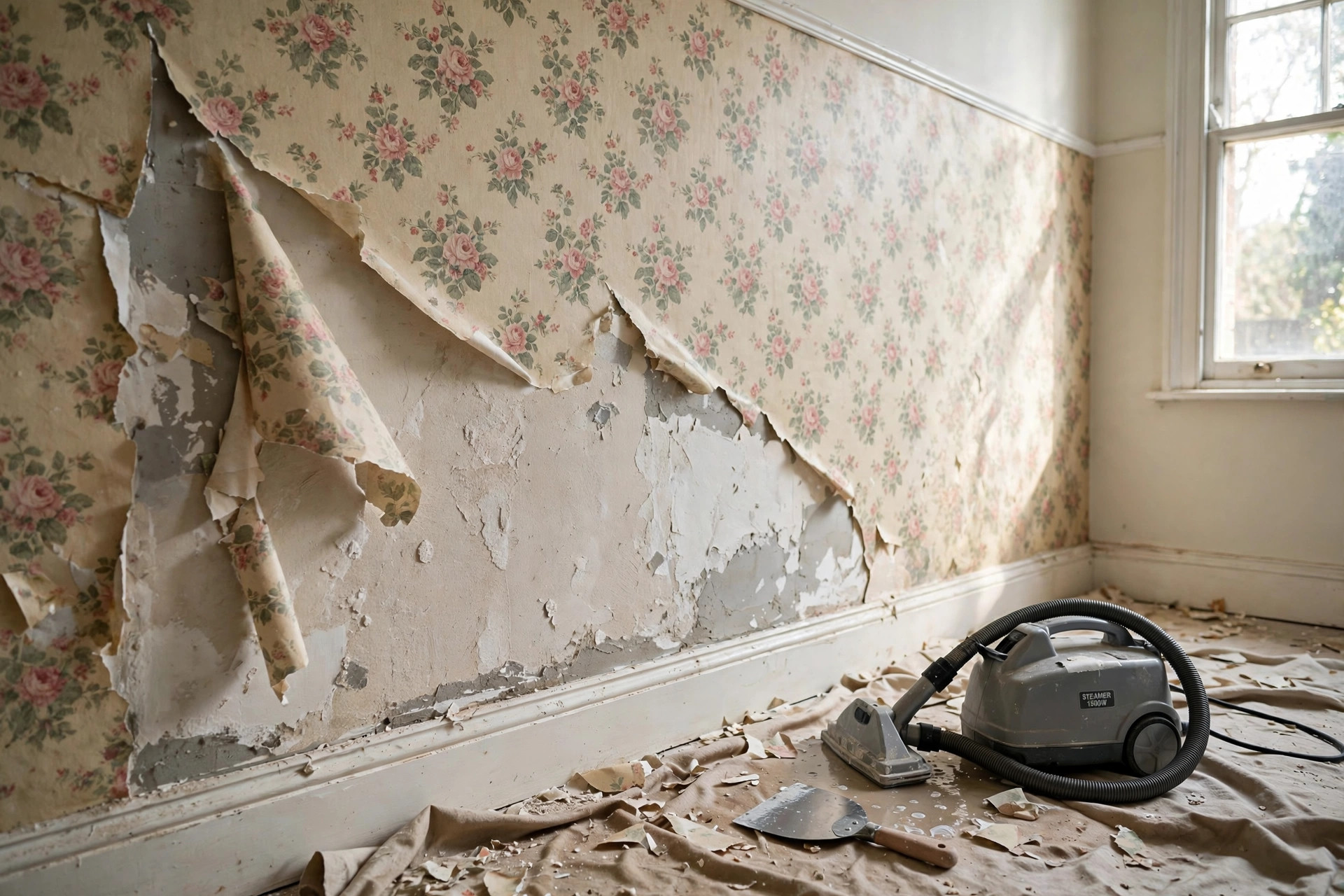 wallpaper removal service price comparison usa: Stripped wall with old wallpaper being removed by a professional in an American home