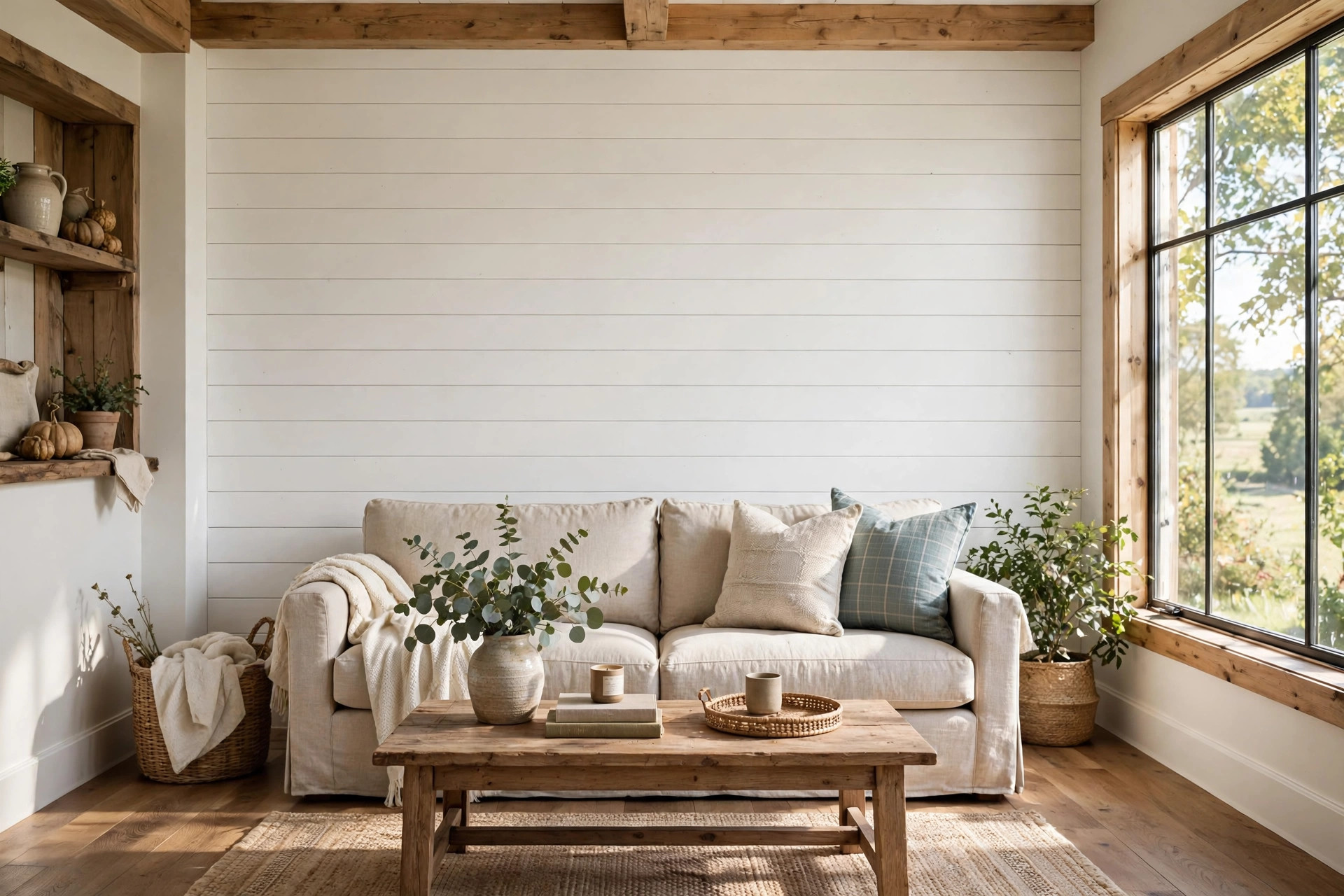 Shiplap wall installation cost per square foot guide with a white shiplap accent wall in a farmhouse living room