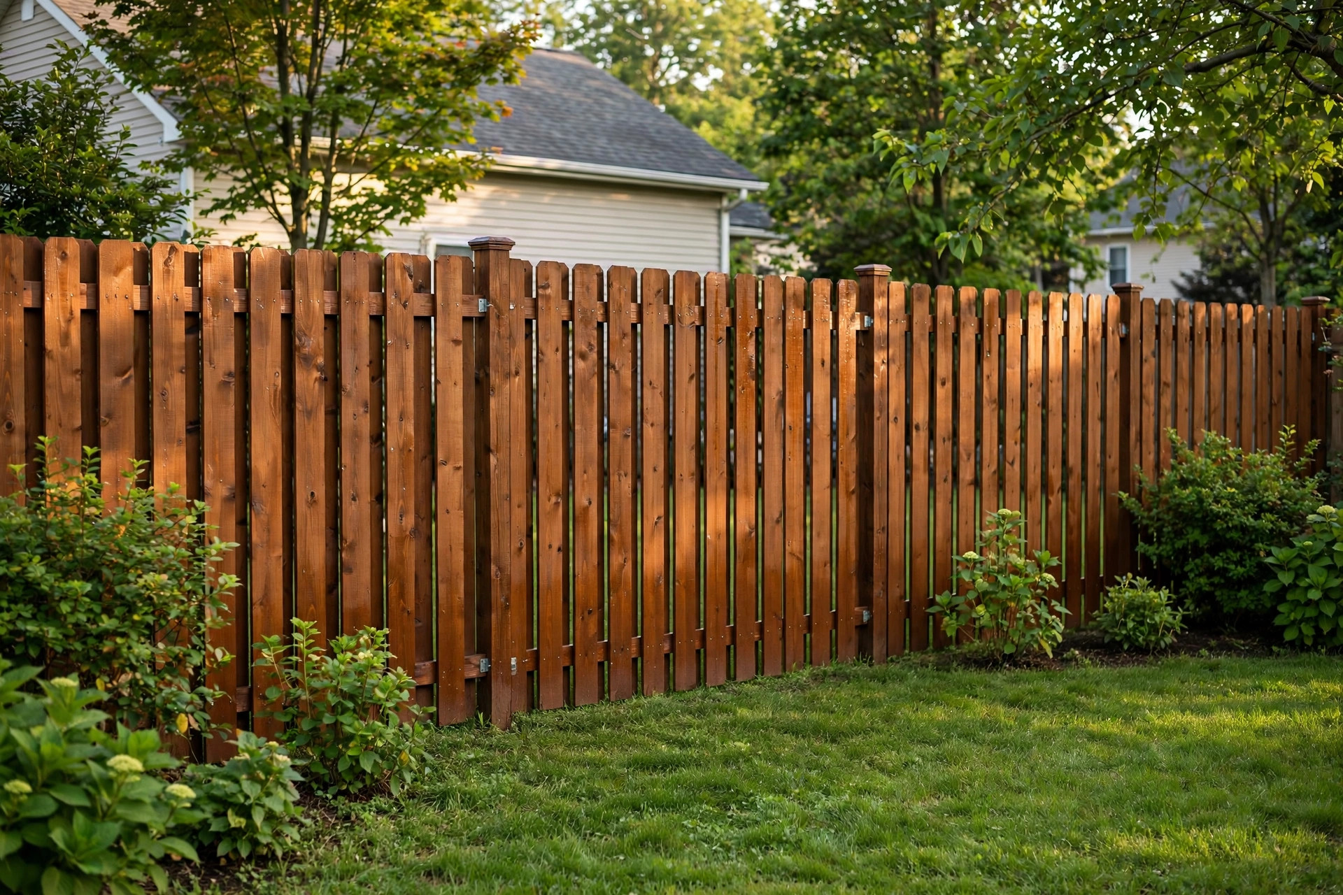 fence staining service near me prices: Freshly stained wooden fence with rich cedar stain in a suburban backyard