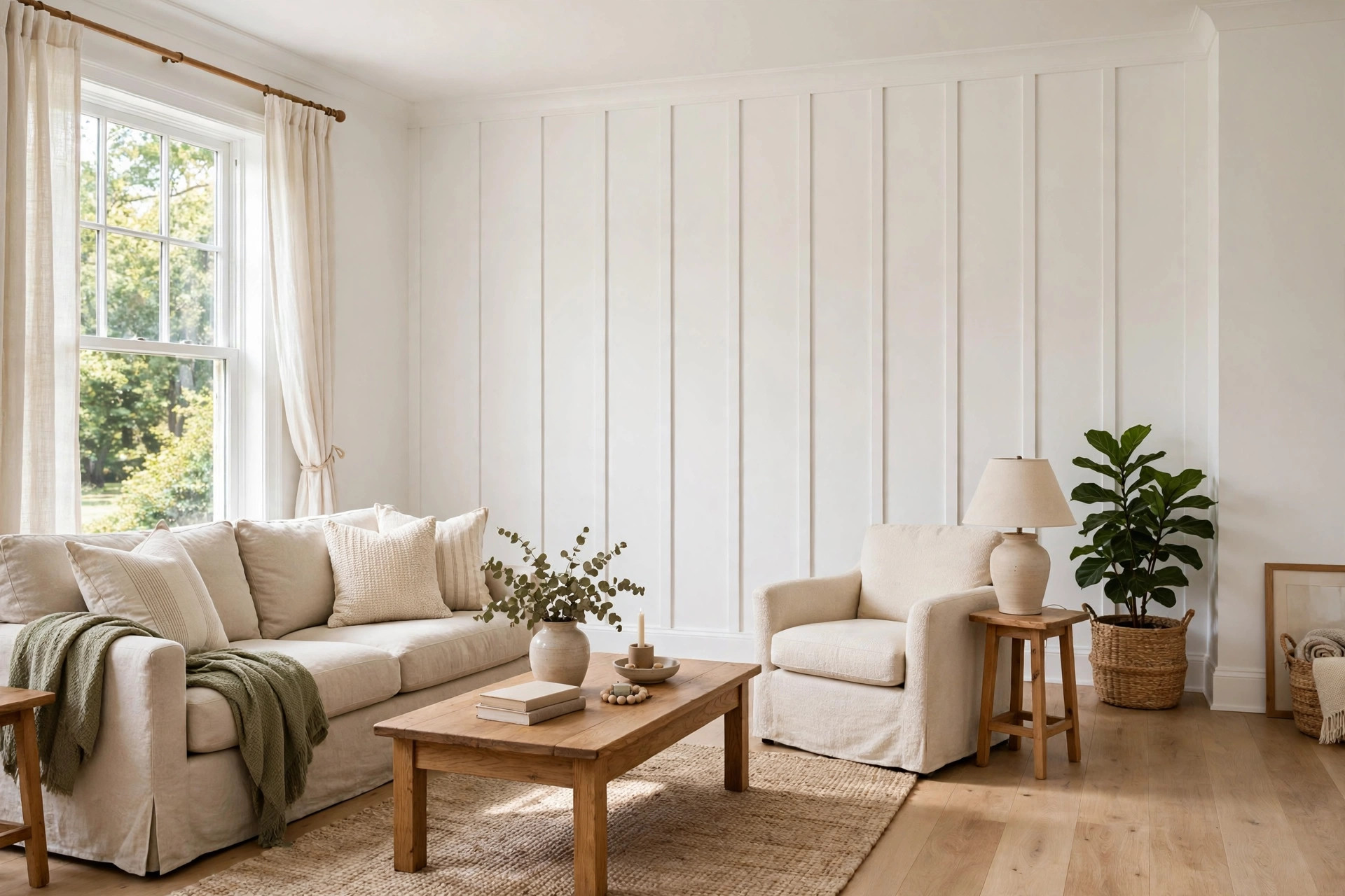 board and batten installation cost usa: Board and batten accent wall in a bright American living room