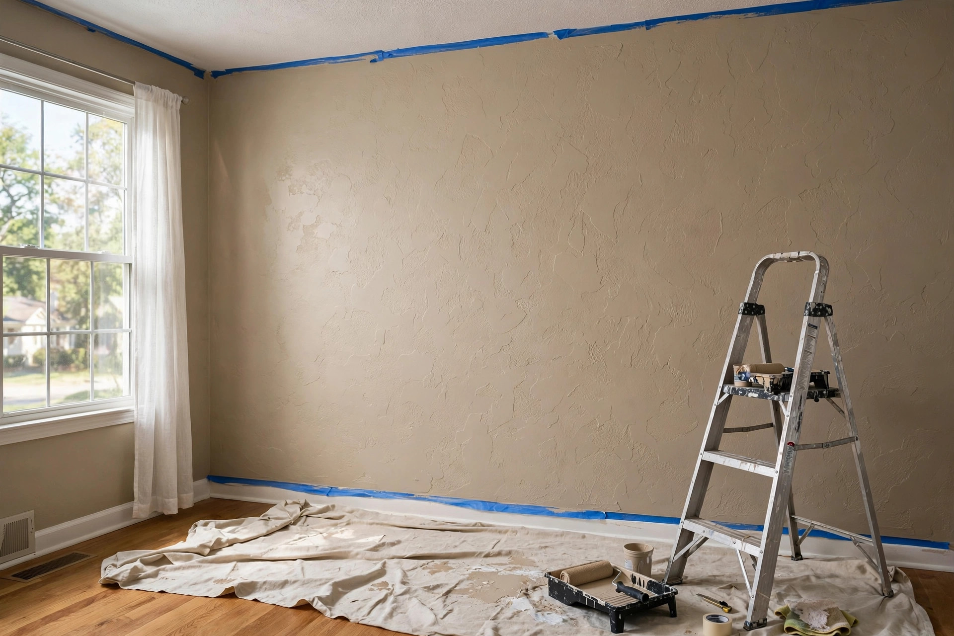 Textured wall finish contractors near me applying a knockdown texture in a living room