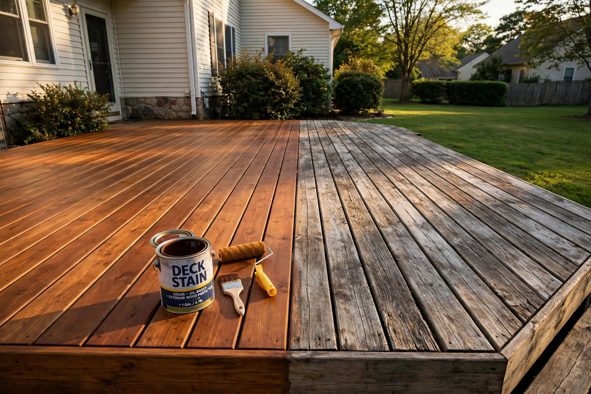 A backyard deck half freshly stained with tools, matching the deck staining cost calculator near me topic