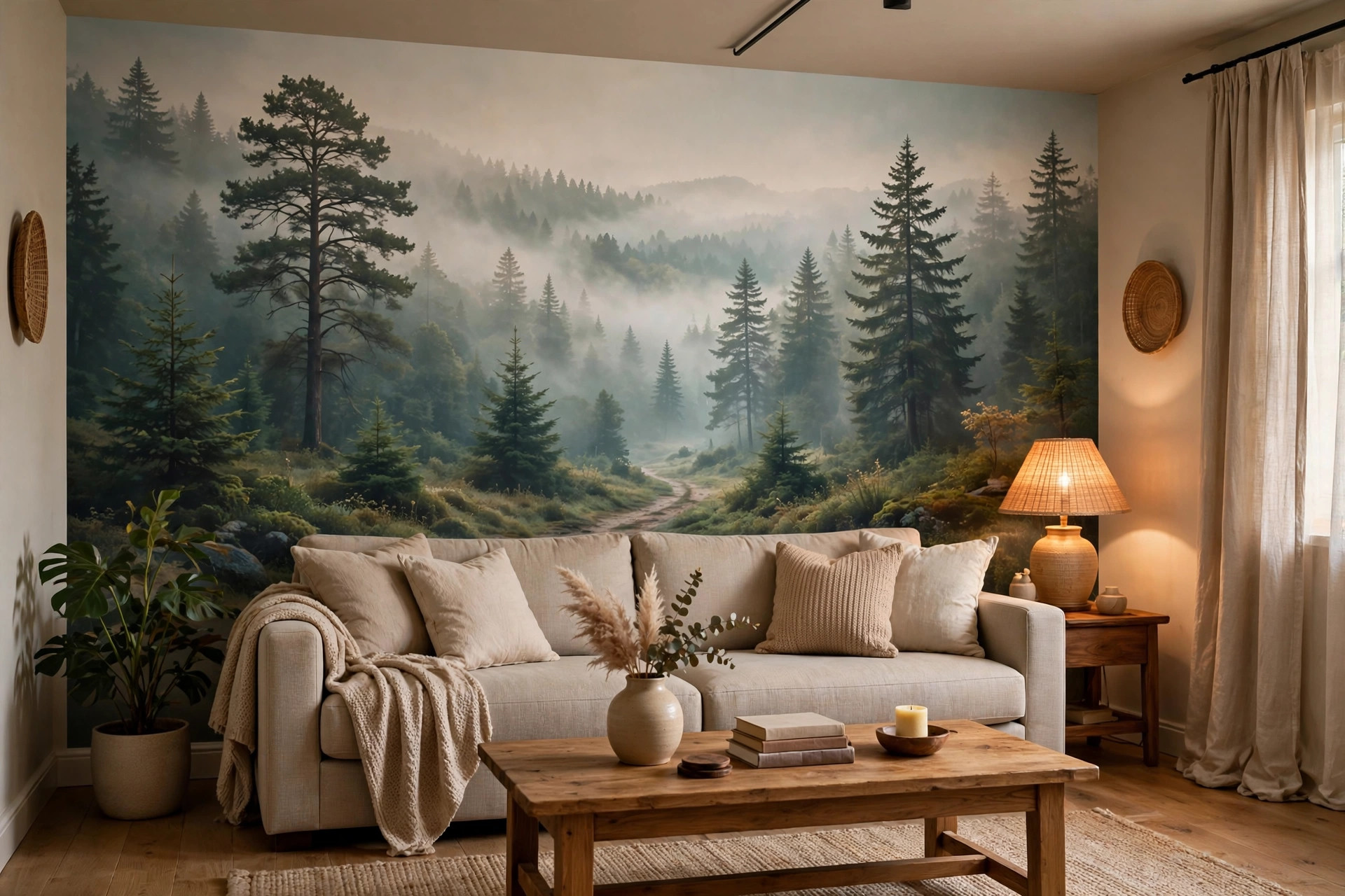 mural wallpaper for living room for sale: Mural wallpaper for living room showing a soft forest landscape scene behind a neutral sofa